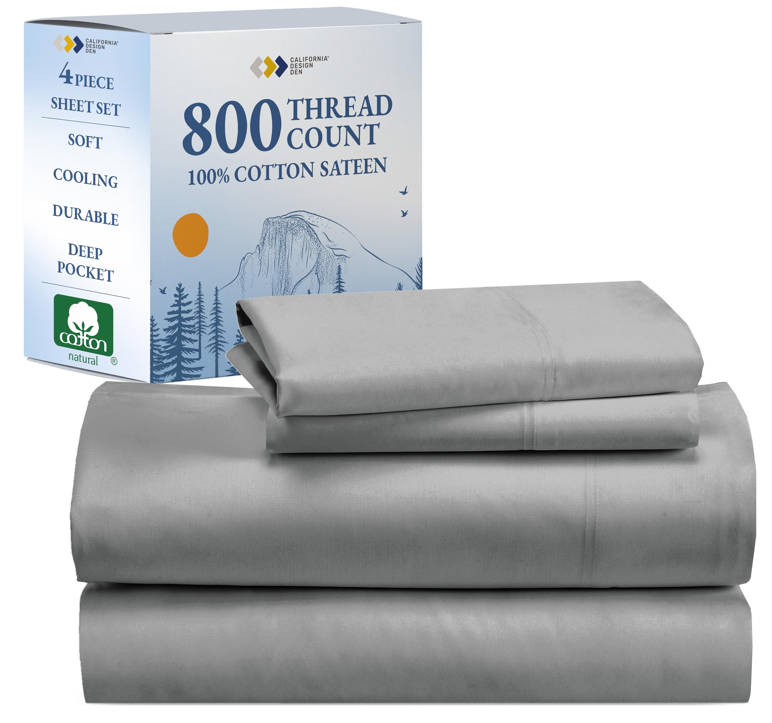 California Design Den Full Size Bed Sheets 100% Cotton Buttery Soft 800 Thread Count Set Beats Fake Egyptian Claim, Durable Deep Pocket Fitted Sheet (Light Gray)