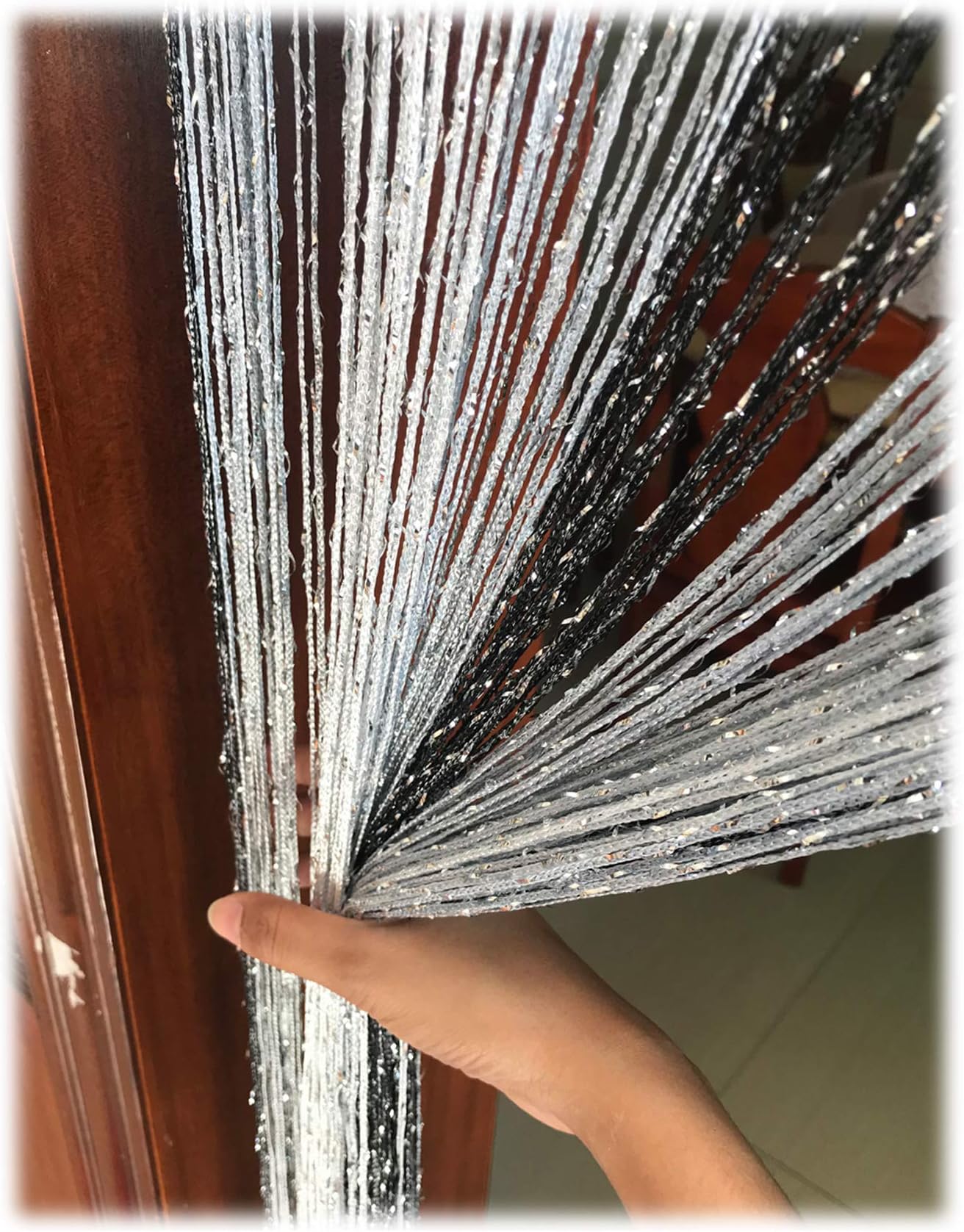 1x2 M Door String Curtain Rare Flat Thread Fringe Window Panel Room Divider Cute Strip Tassel for Wedding Coffee House Restaurant Parts (Black & Grey)