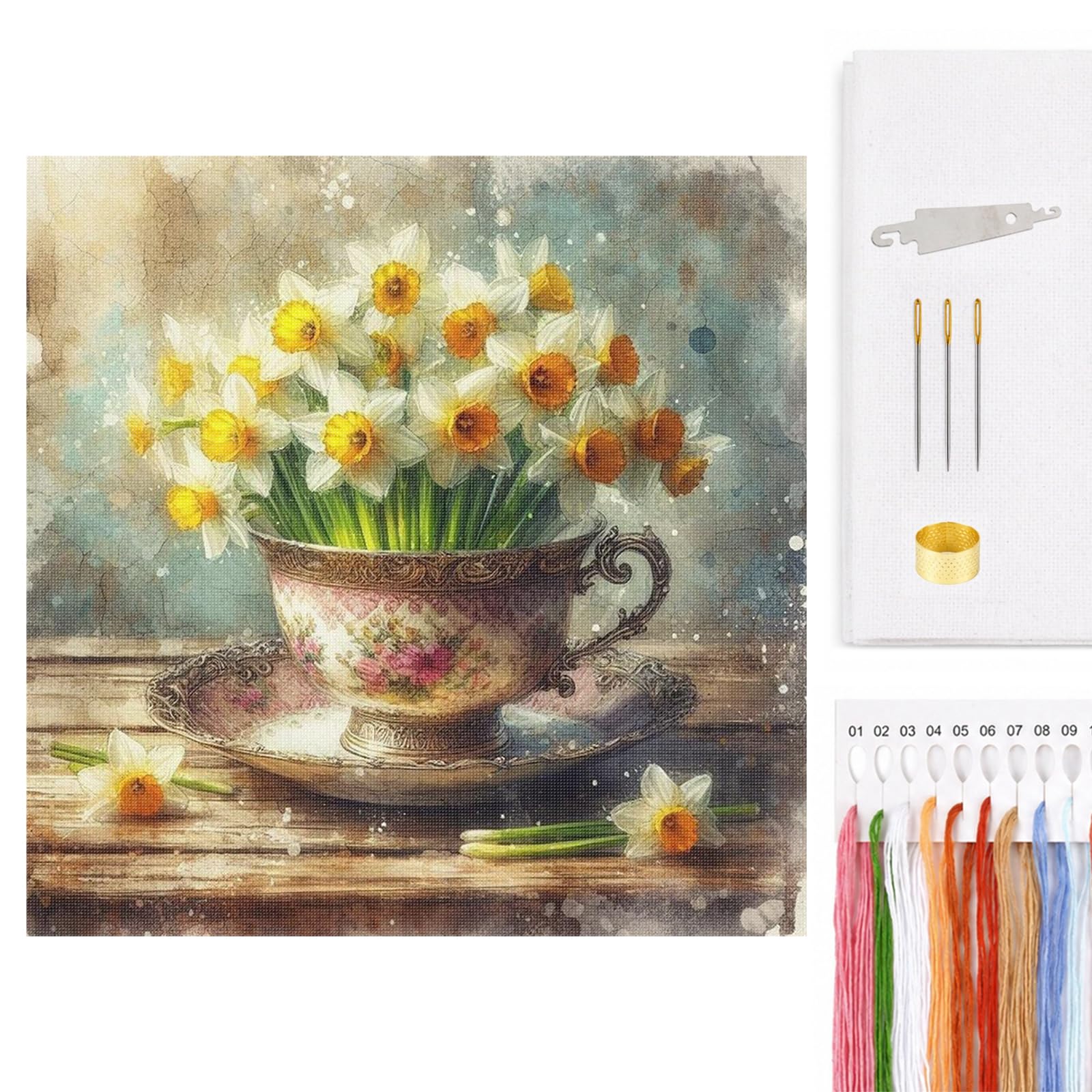 Poetrydraw Multicolor Teacup Full 11Ct 3 Strands Diy Counted Cross Stitch Kits For Beginners Adults Gift Home Wall Decor Embroidery Needlepoint Starter Kits 40X40cm (Teacup And Flowers)