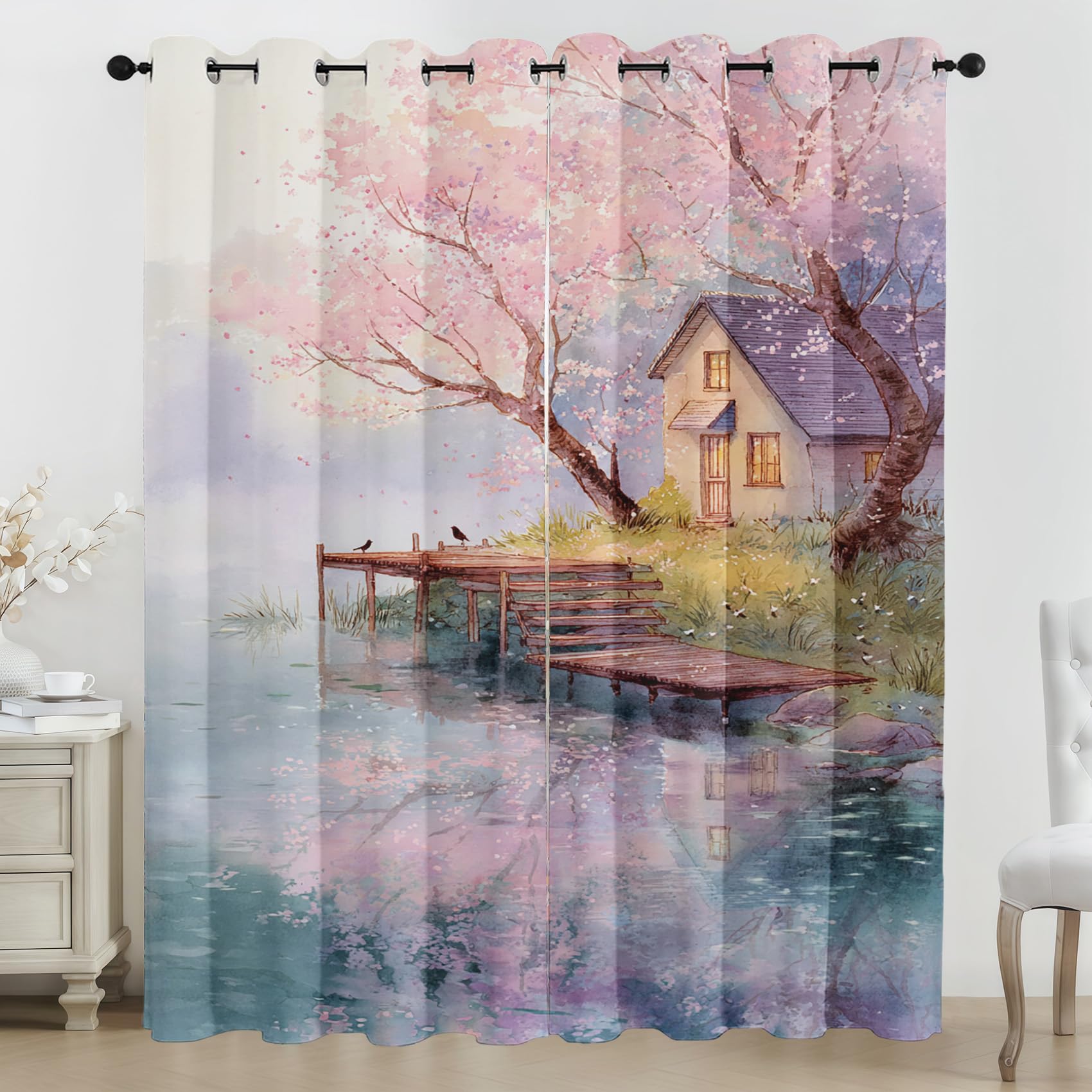 Generisch See Haus Vorhänge Aquarell Blume Vorhang Blickdicht, Gardinen mit Ösen 2er Set, Thermovorhang für Wohnzimmer Schlafzimmer Fenster Deko H 200 x B 85 cm K369p