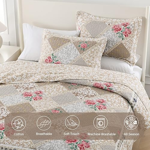 Miniatura 6 de Finlonte Colcha de tamaño Queen de gran tamaño, 100% algodón, juego de ropa de cama tamaño grande, color marrón y gris, a cuadros, ligero,