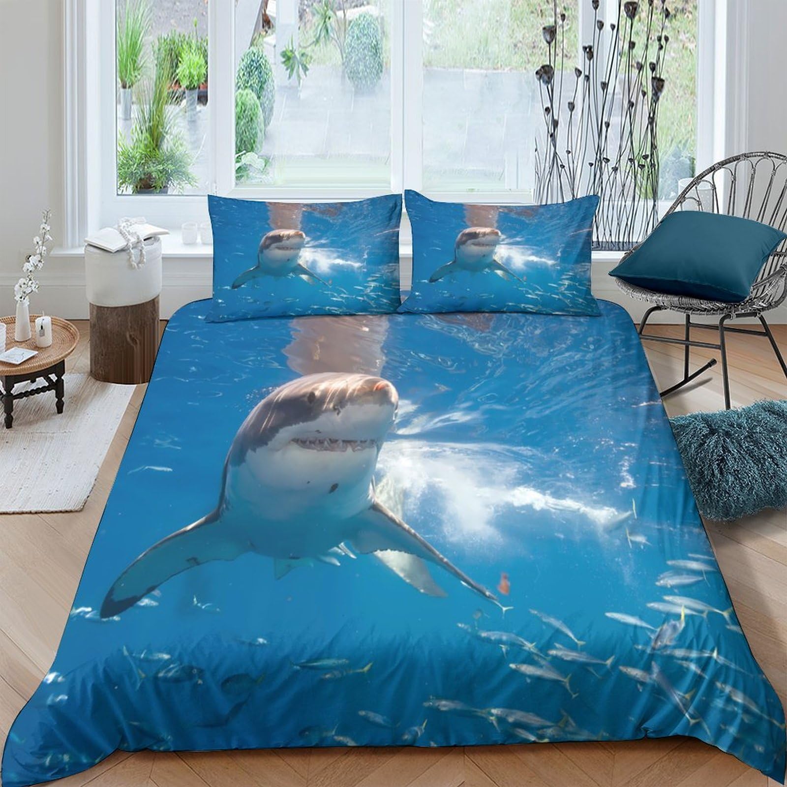 Ctjqhvkz Style-8 3D Printed Ocean Shark Fitted Sheet Microfiber Soft Blue Sea Fish Bed Sheet For Bedroom Guest Room Decor Single（135X200cm）