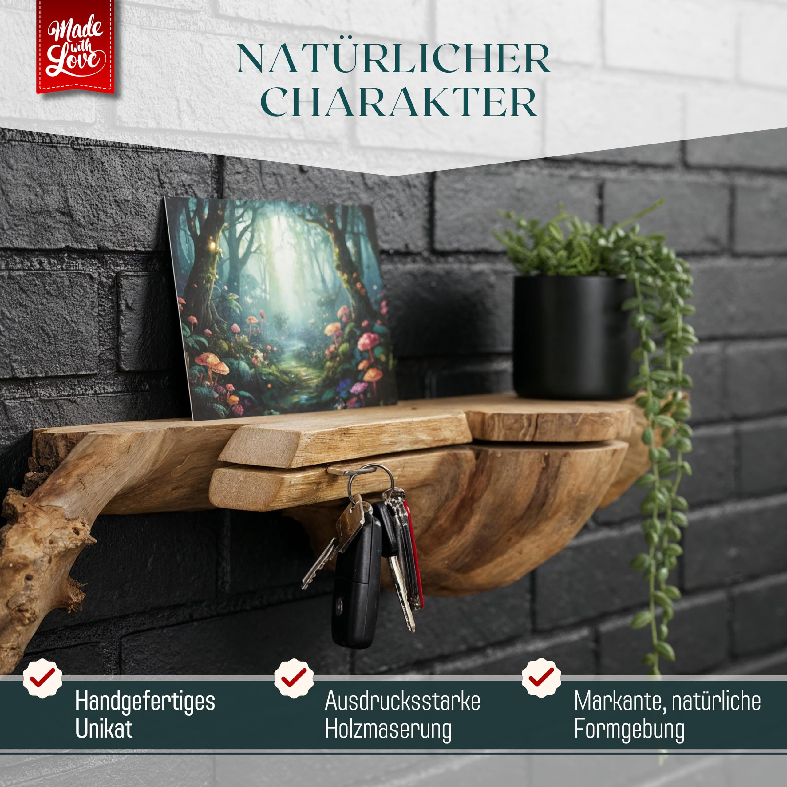 Schlüsselbrett Holz mit Ablage, Schlüsselhalter aus Wurzelholz, 35 cm | Frontseitiger Schlüsselschlitz ohne Haken, Handy- und Fotohalterung, Wandmontage, für Flur und Diele