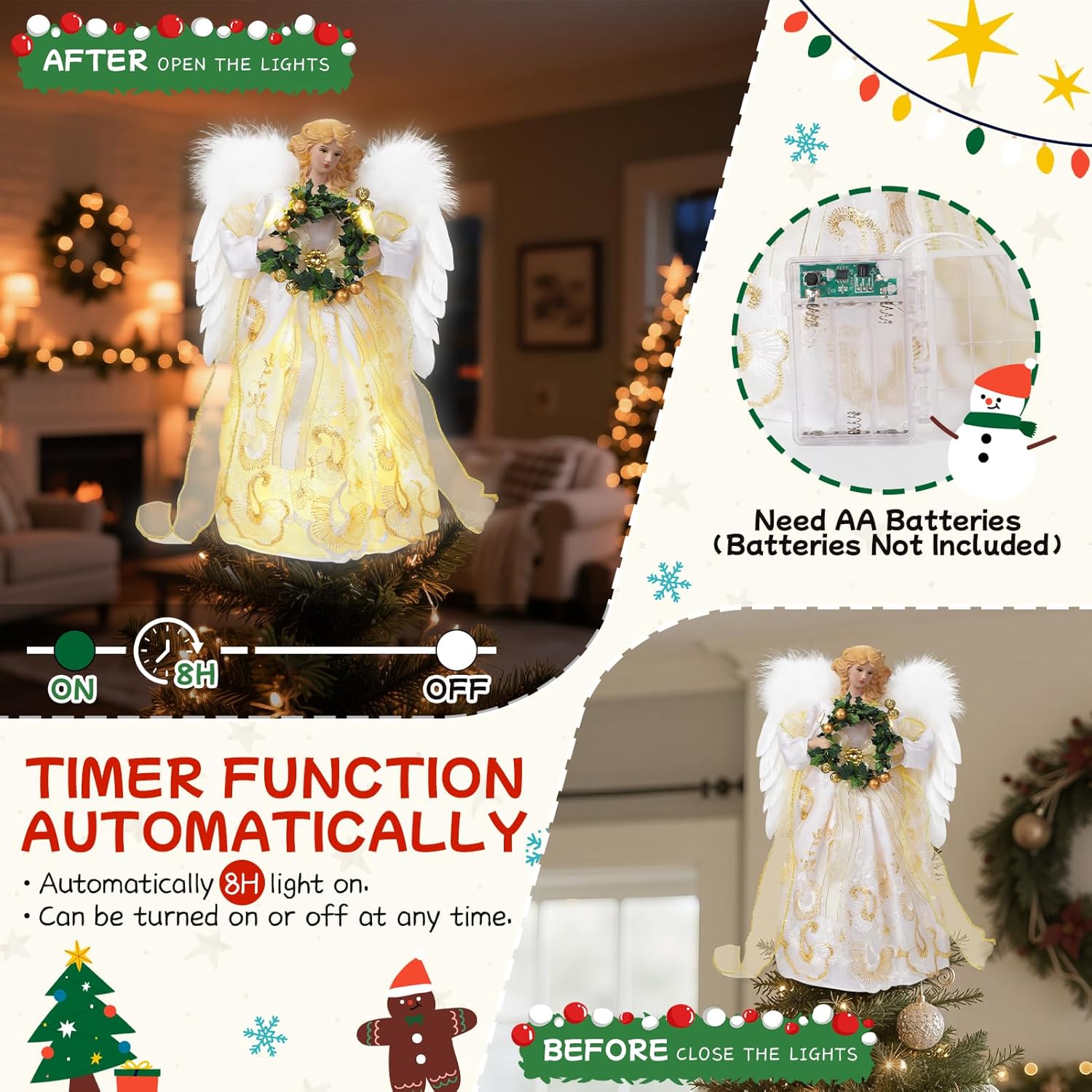 Christmas Tree Topper Angel with Lights - 15.7 Inch Angel Tree Topper with Timer - Battery Powered Tree Topper Angel for Indoor Office and Home Holiday New Year Tree Decoration