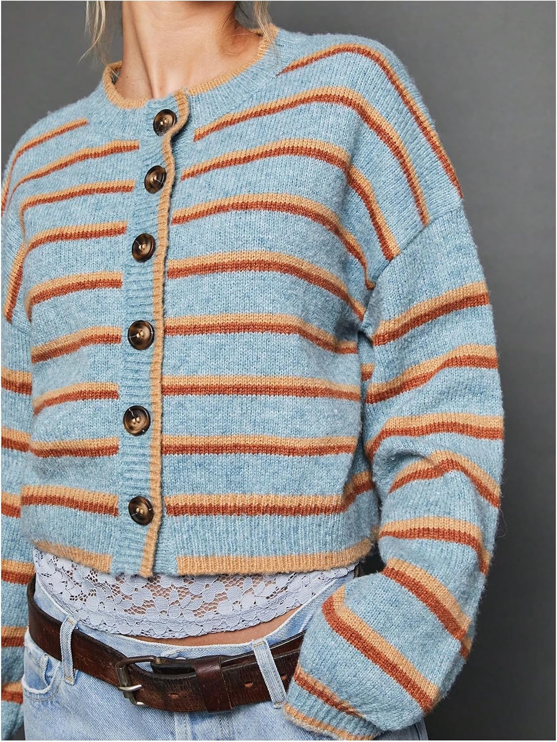 Milumia Women's Striped Button Cardigan Sweater Knit Long Sleeve Going Out Crop Cardigans - Image 2