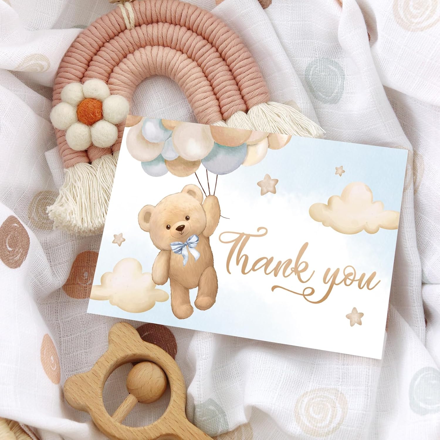Whaline 50 Packs Bear Thank You Card Blue Bear Balloon Greeting Card Cute Boxed Blank Note Card with Envelope Sticker for Birthday Baby Shower Party Supplies, 4 x 6 Inch - Image 6