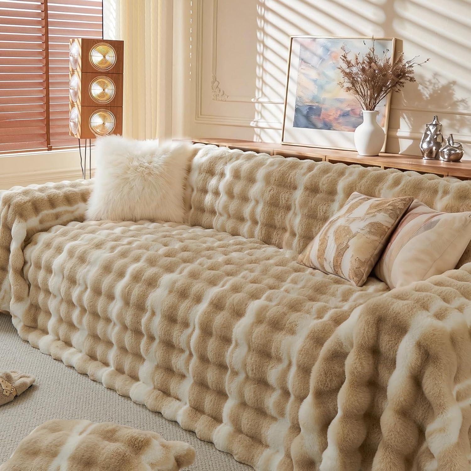 Sofabezug Dicker Warmer Plüsch mit 3D-Blasen-Design flauschig gemütlich Überwurf für Couch, Stuhl, Sofa, Bett Weiche waschbare Sofaabdeckung als Hundedecke und Sofaschutz(Coffee-Milk,70.9x102in)