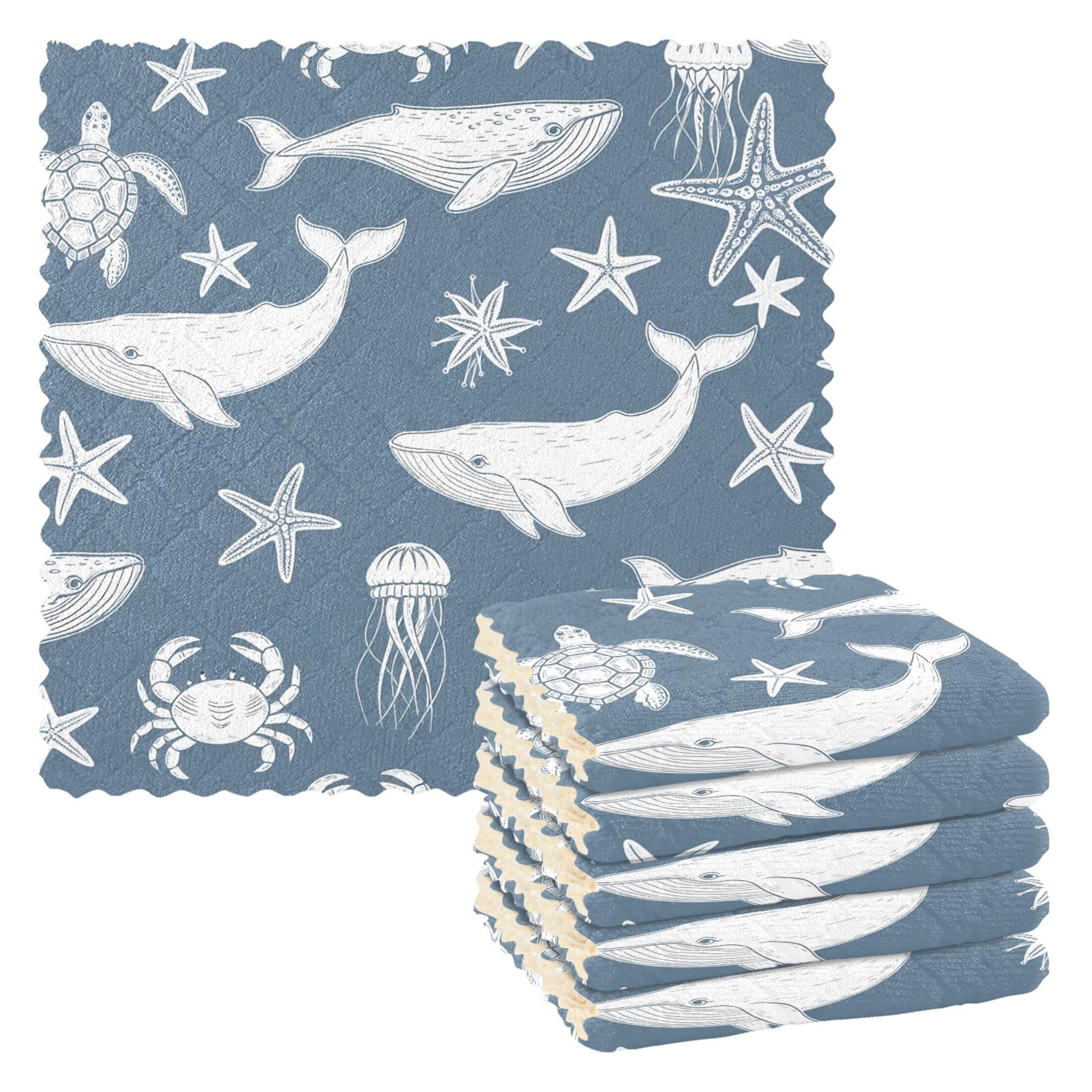 Fuauuyl Whale Crab Starfish Kitchen Dish Towel Set of 6, Soft Absorbent Washable Cleaning Cloths Dish Rags Tea Bar Drying Towels, 11x11 In