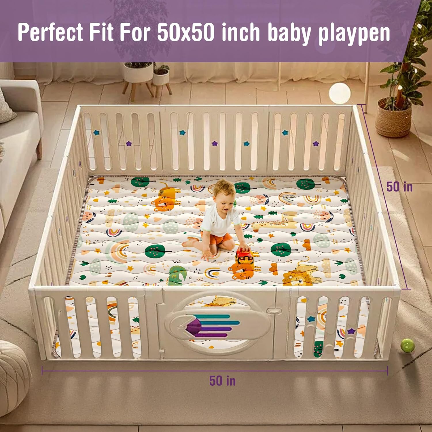 Baby Play Mat for Floor, Thick Soft 50" X 50" Baby Floor Play Mat, Machine Washable and Non-Slip Baby Play Mats, Waterproof Crawling Play Mat for Babies, Toddlers & Infants, Rainbow and Animal