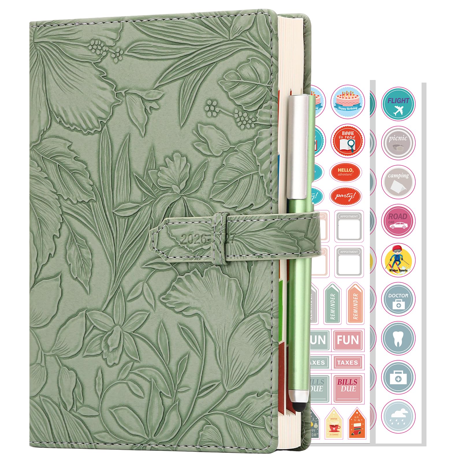 Academic Diary 2026-2027,A5 Page a day Diary 2026-2027, Day Per Page Planner Aug 2026 - Aug 2027,Hardcover Daily Planner with Monthly View, Pen,Colorful Tabs, Inner Pocket,Stickers (Green)