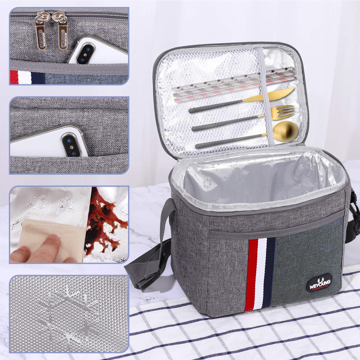 Borsa Termica Pranzo In Marmo Grigio - Portavivande Isotermico Con Tasca Frontale - 21,6x12,7x20 Cm - Impermeabile, Unisex Per Ufficio, Scuola, Picnic