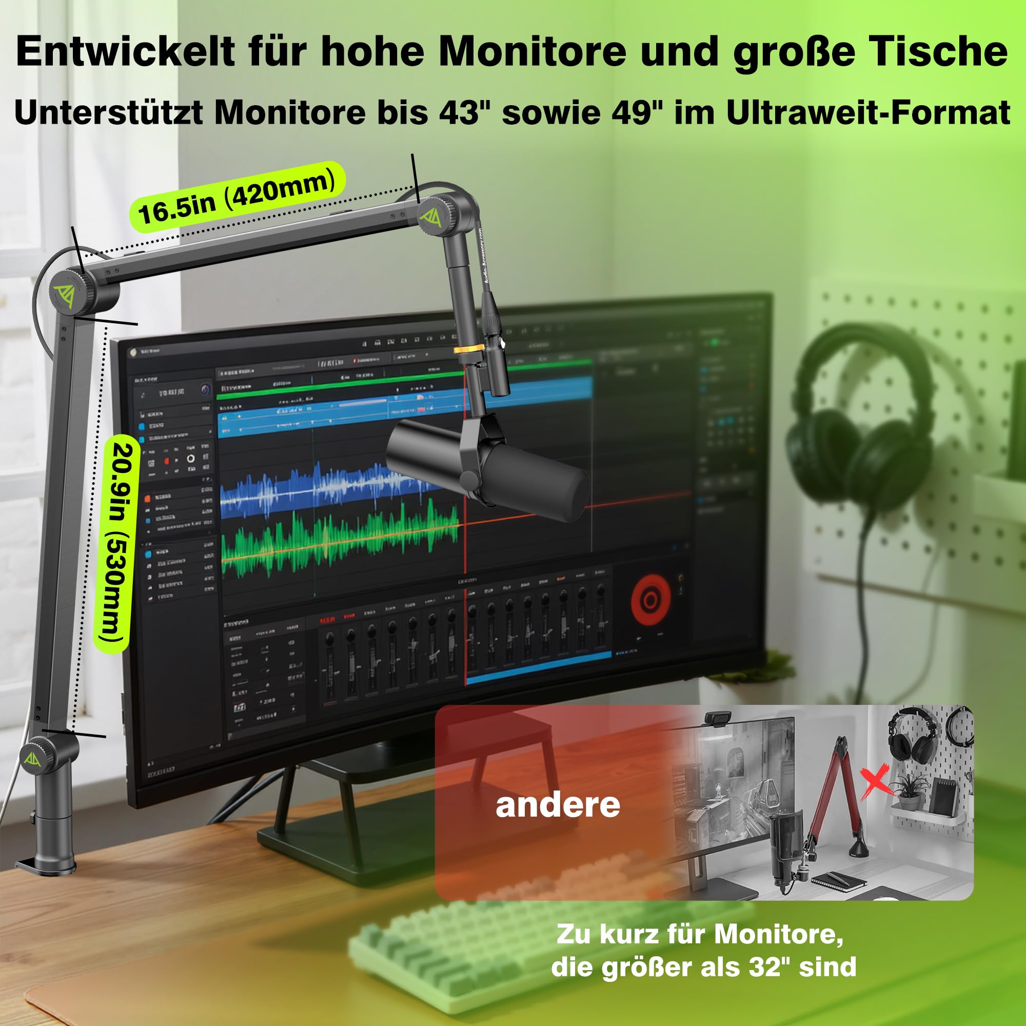 AA AUDIO ACCESSORY Passend für Shure SM7B, SM7dB & MV7 – Mikrofon-Arm ohne Durchhängen, 950 mm Reichweite, 3 kg Tragkraft, Zahnrad-Verriegelung Tischhalterung, kompatibel mit Blue Yeti, Rode & Co.