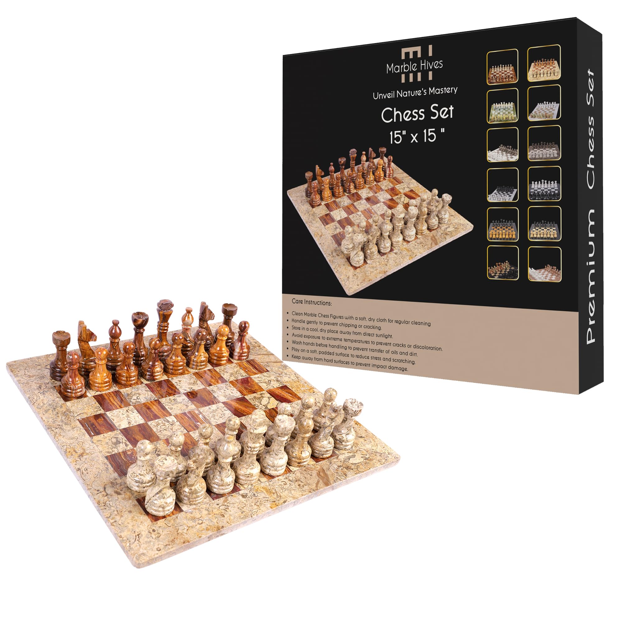 Handmade Marble Chess Set - Chess Sets for Adults - Premium Quality Chess Boards - Fancy Chess Boards (15 x 15 Without Checkers, Coral & Brown)
