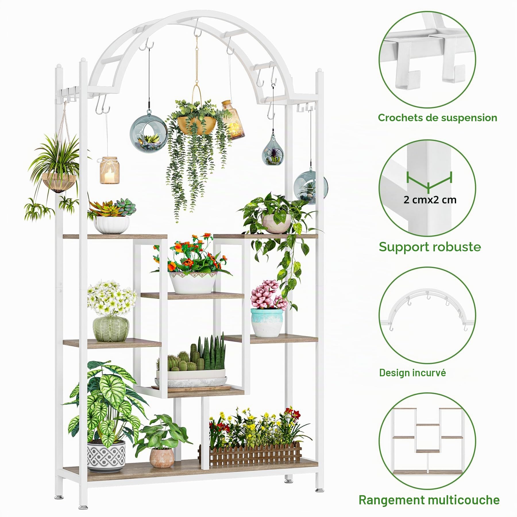 Tribesigns Support pour plantes d'intérieur à 5 niveaux - Étagère arquée en métal avec crochets de suspension - Grand pot de bonsaï pour jardin, balcon, salon - Blanc et gris