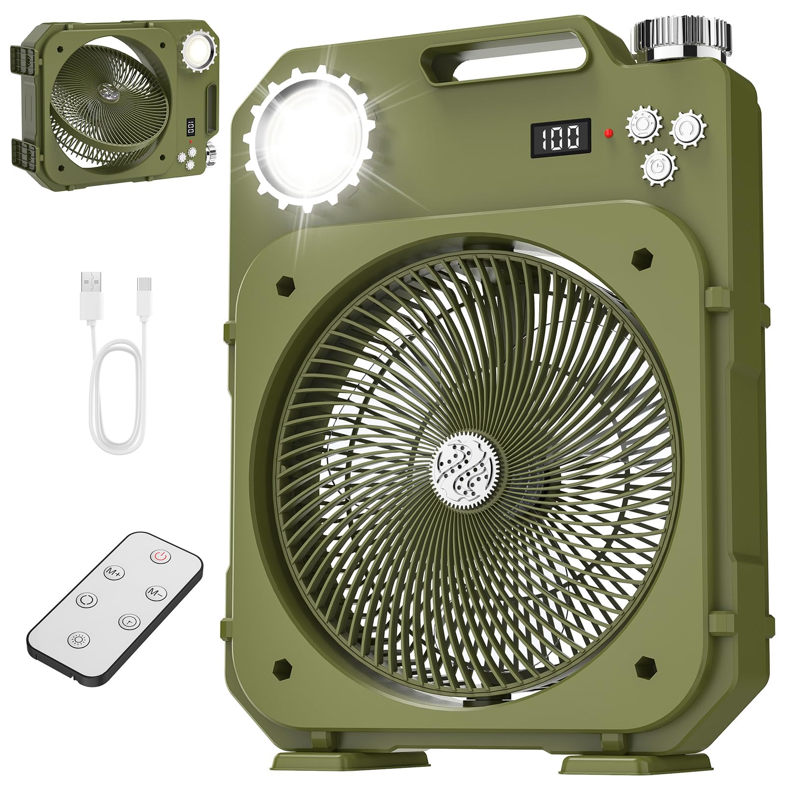 Ventilatore Campeggio, Ventilatore a Batteria con Luce LED | Batteria Grande Capacità, 100 Velocità, Silenzioso, Telecomando, Timer 12h, Aromaterapia, Casa, Ufficio, Campeggio