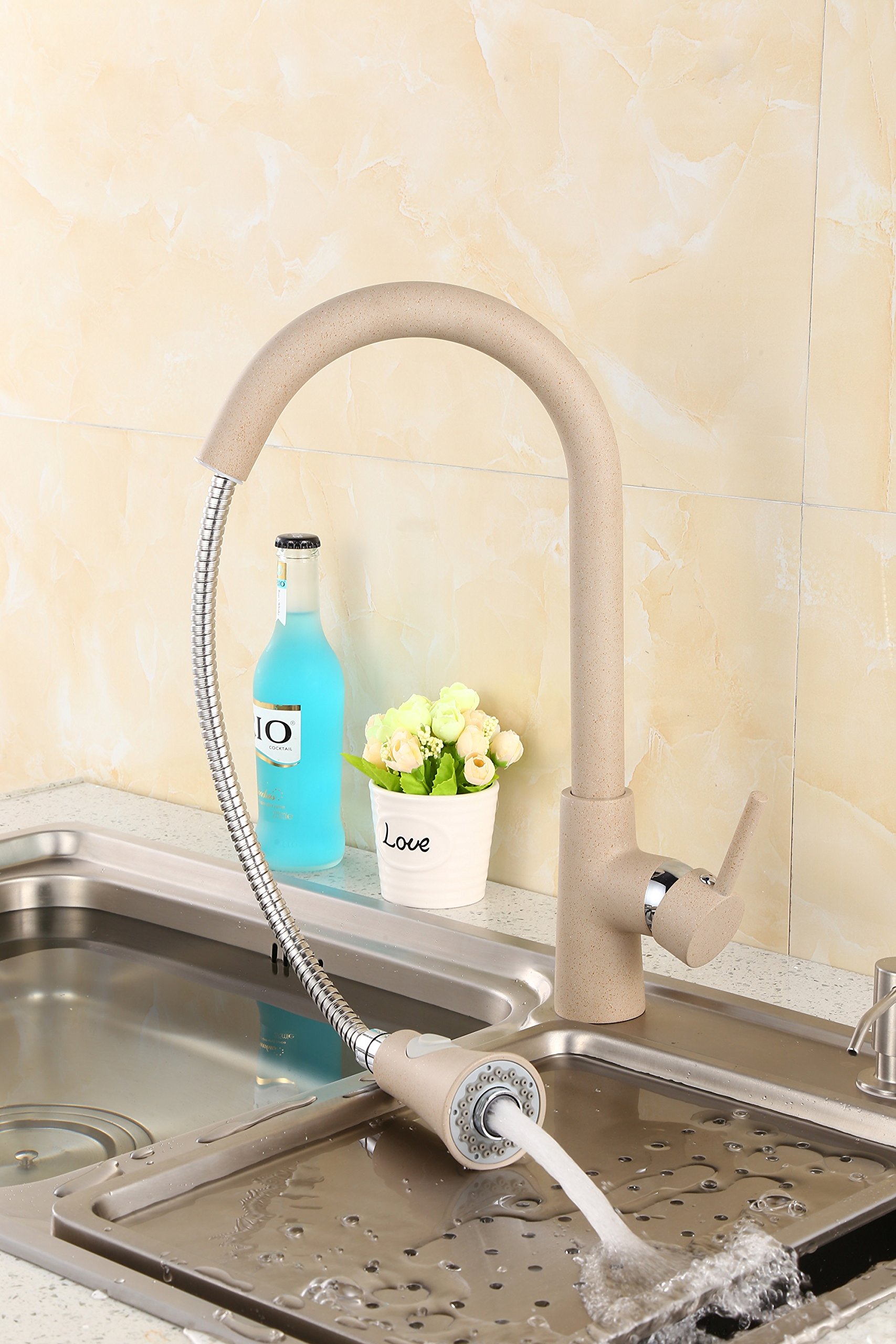 ZXC Hochdruck Profi Küchen Armatur Einhand Mischbatterie mit ausziehbarer Brause in Granit Beige