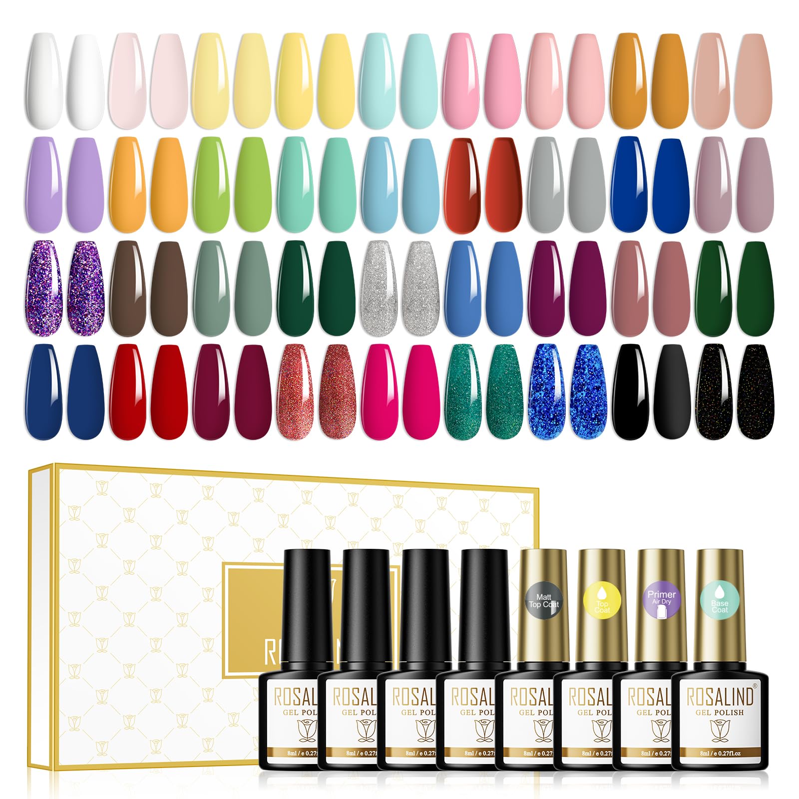 ROSALIND Pintauñas Semipermanentes 40psc Con Base e Top Coat Brillante y Matt Primer Esmaltes Semipermanentes Para Uñas 36 Colores esmalte de uñas 8ml UV LED Gel Nail Polish