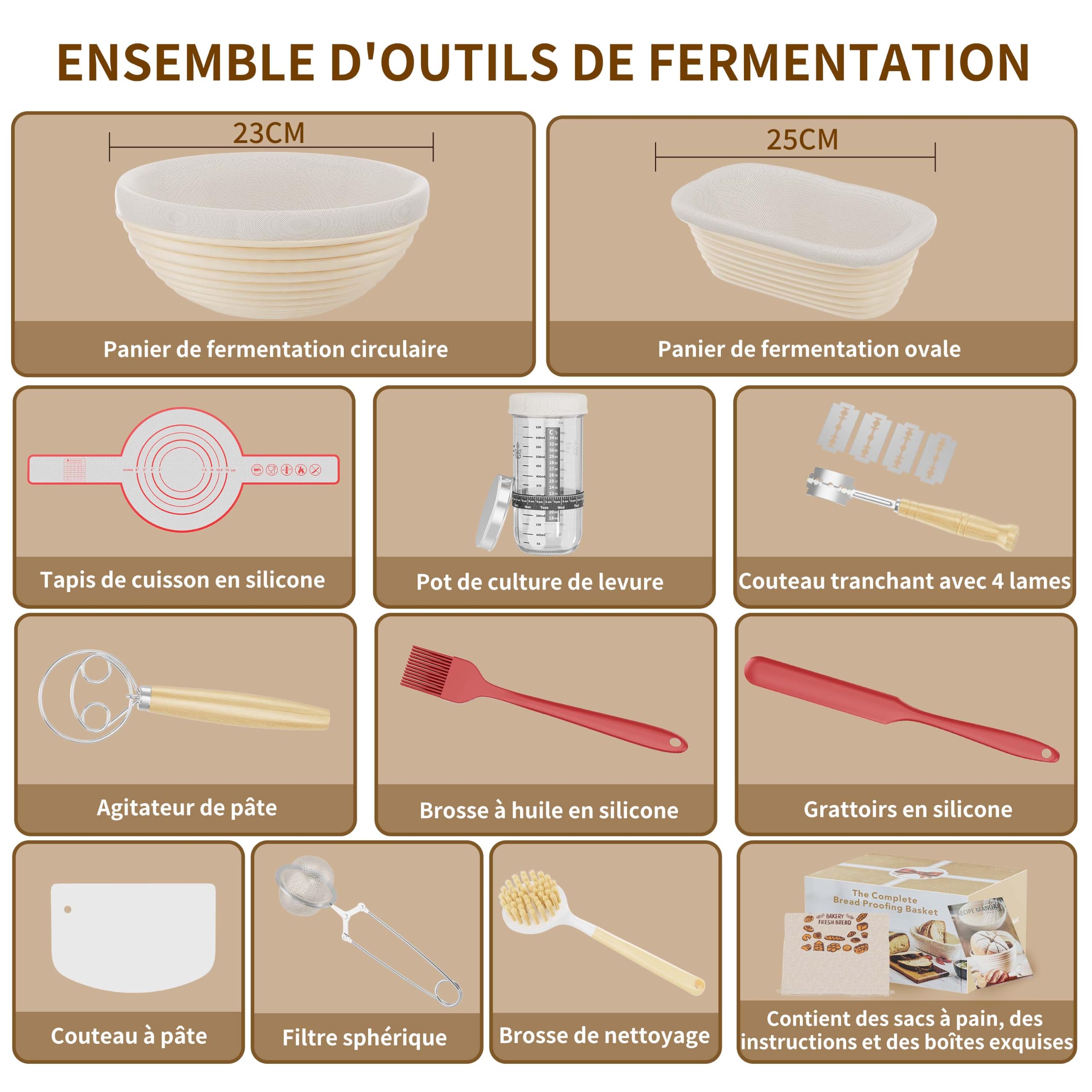 Kit de Démarrage au Levain,Kit Complet de Levain Naturel avec Bannetons en Rotin Artisanaux(rond&ovale),Pot à Levain, Accessoires pour la Fabrication de Pain (Kit de démarrage pour pain 12 pièces)
