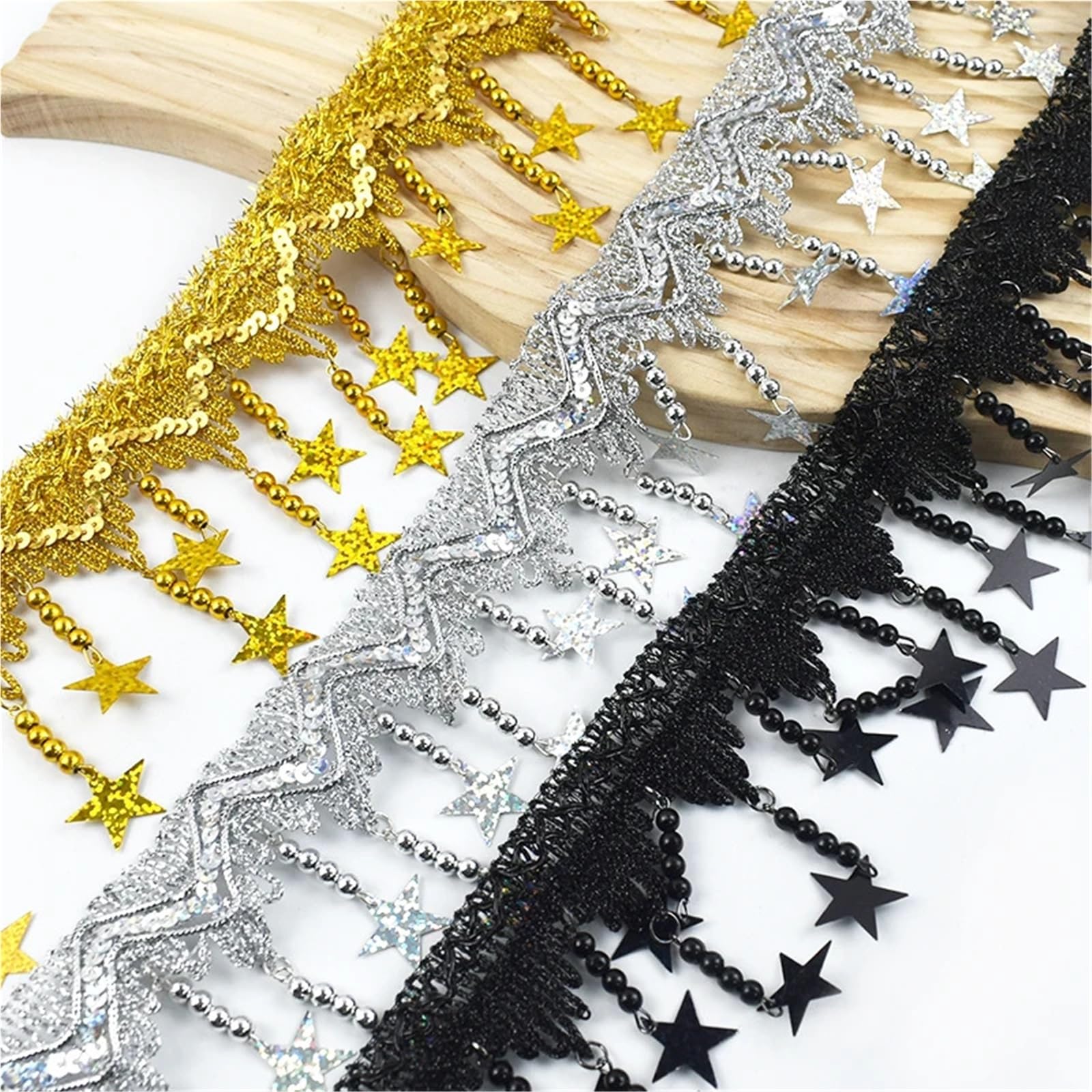 Cenefa con flecos y abalorios Borla colgante de lentejuelas | Borlas de encaje vestido de baile latino decoración cordones ropa cortina materiales de costura(Gold-85mm,10Meters)
