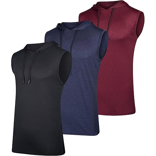 Real Essentials 3 Pack: Mens Dry-Fit Active Hooded Tank Top - Workout Sleeveless Hoodie Drawstring (Available in Big & Tall)