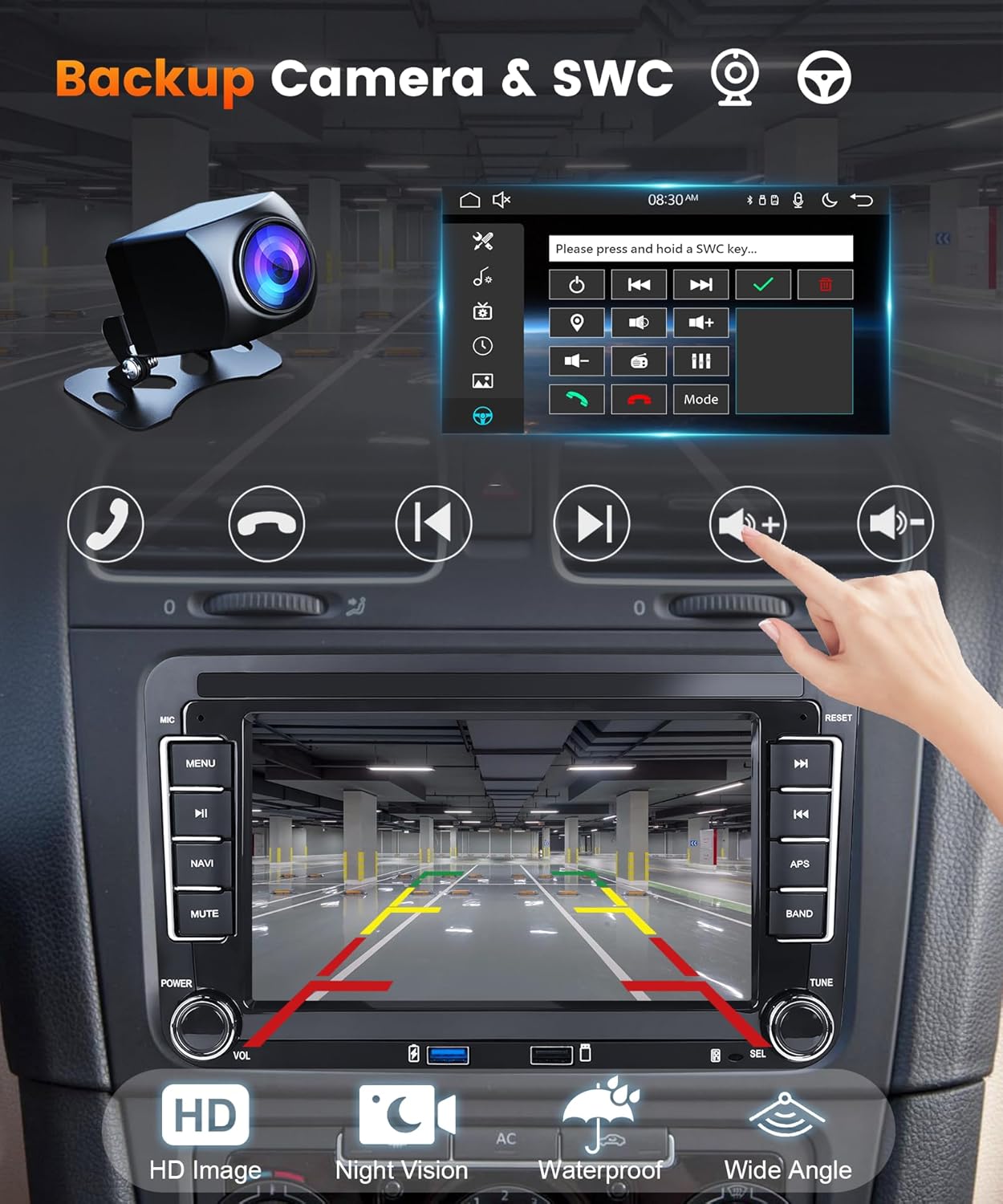 Image showing the AHD backup camera and a screenshot of the car stereo display in reverse mode with parking guidelines, along with steering wheel control interface.