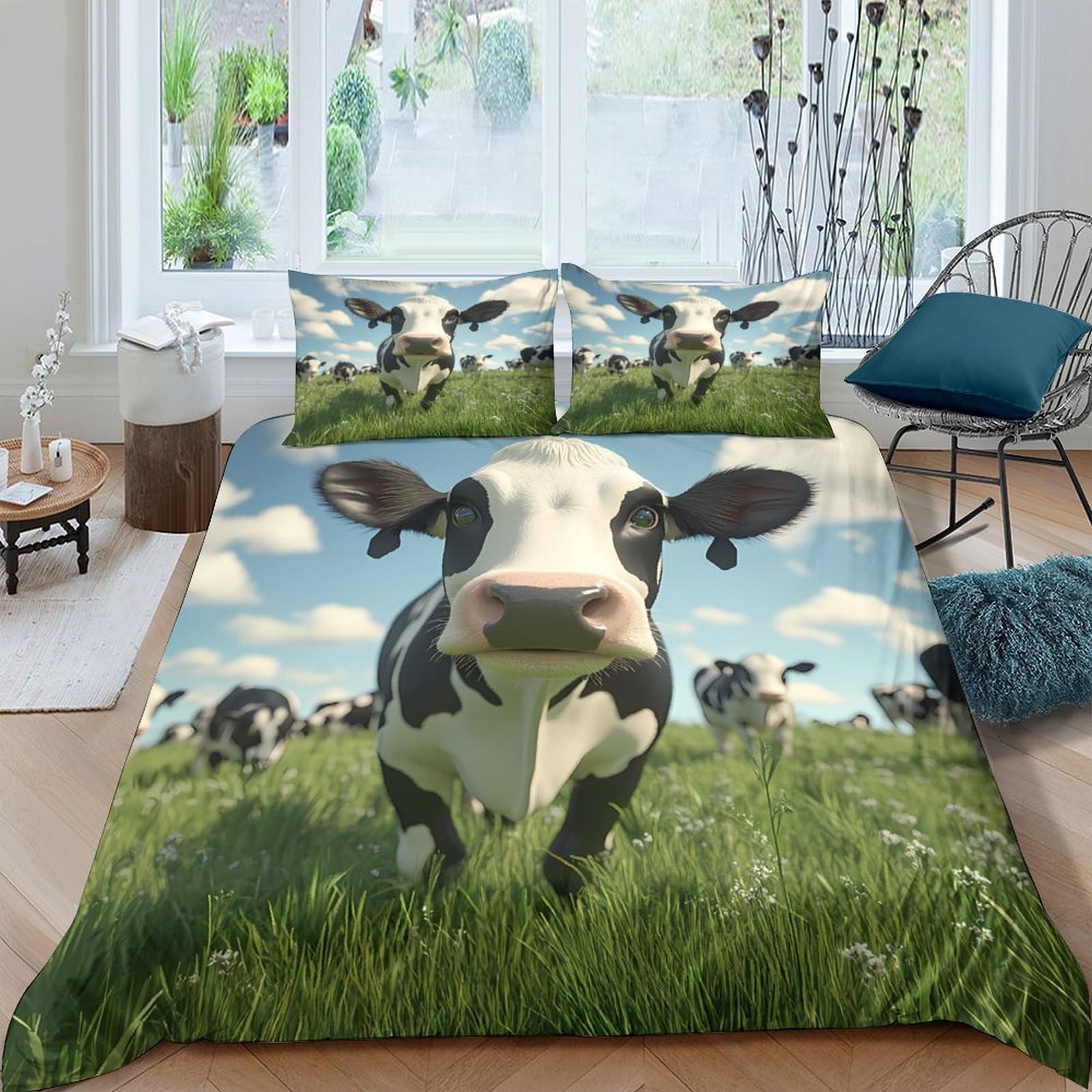 GPLZQXKJNH 3D Printed Cow Pasture Duvet Cover Microfiber Soft Breathable Farm Animal Bedding Set with 2 Pillowcases for Bedroom Decor Single（135x200cm）