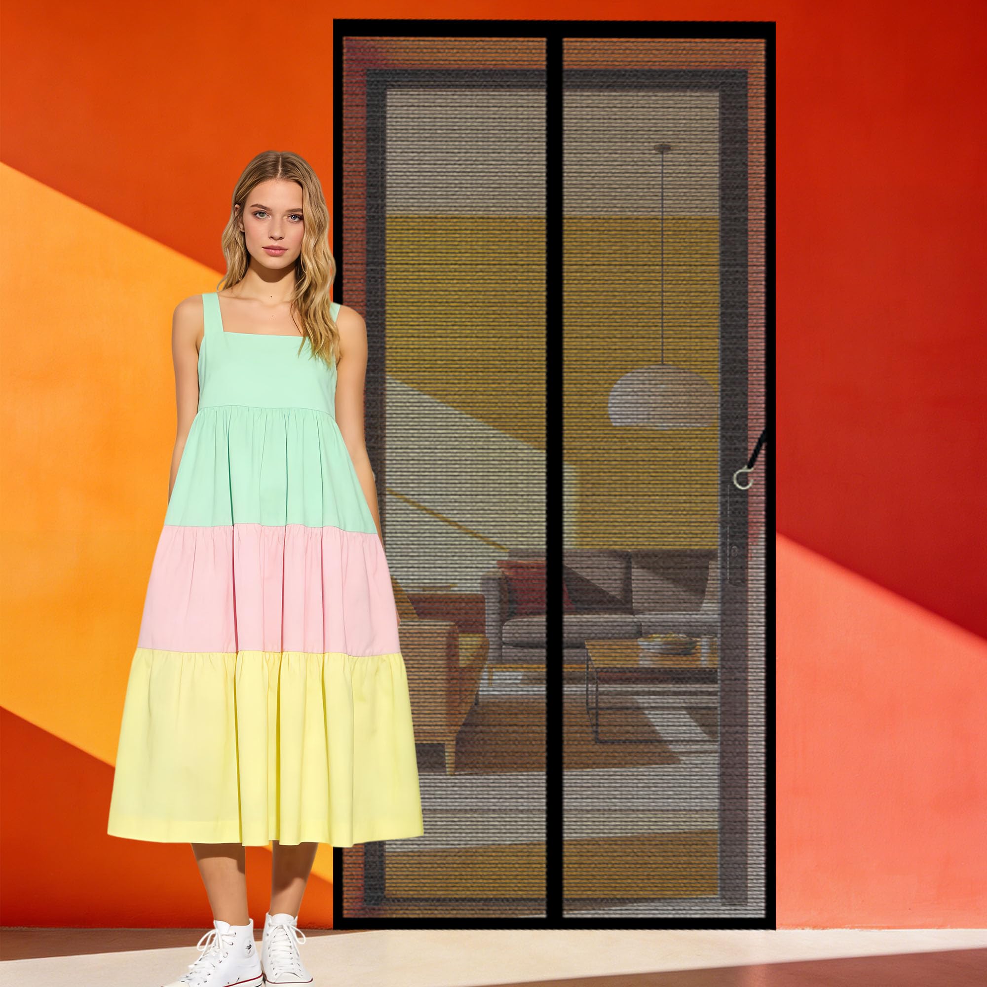 Magnetic Door Screen 129 x 197 cm Self Sealing Magnetic Fly Screen Door Curtains with Powerful Magnets Full Frame Magic Tape for Living Room, Bedroom, Patio, Black