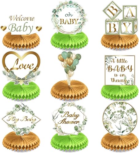 Centros de mesa de nido de abeja para baby shower, 9 piezas, decoración verde salvia, centro de mesa de fiesta, fiesta de cumpleaños de niño y niña,