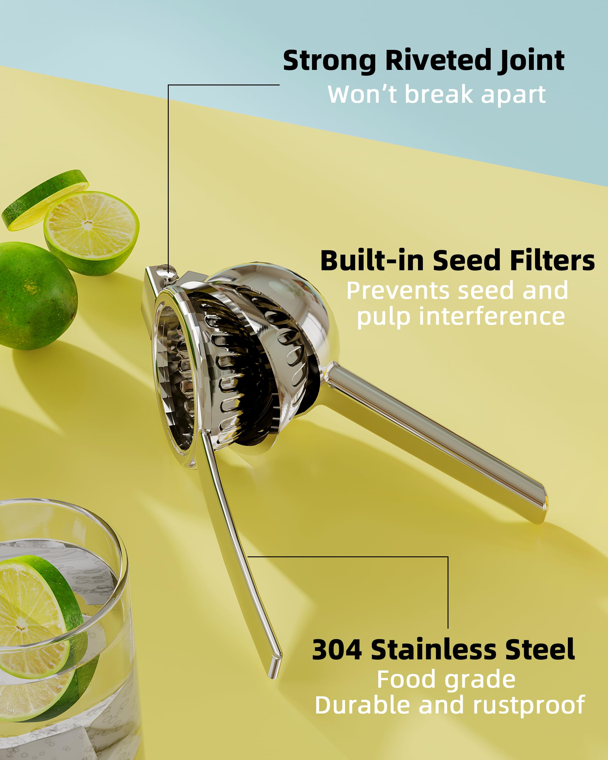 Zitronenpresse aus Edelstahl, robuste Pressschüssel, aus massivem Metall, große manuelle Zitruspresse und Limettenpresse, 2-in-1-Handentsafter, zur Aufbewahrung von Saft, kein Spritzen (Silber)