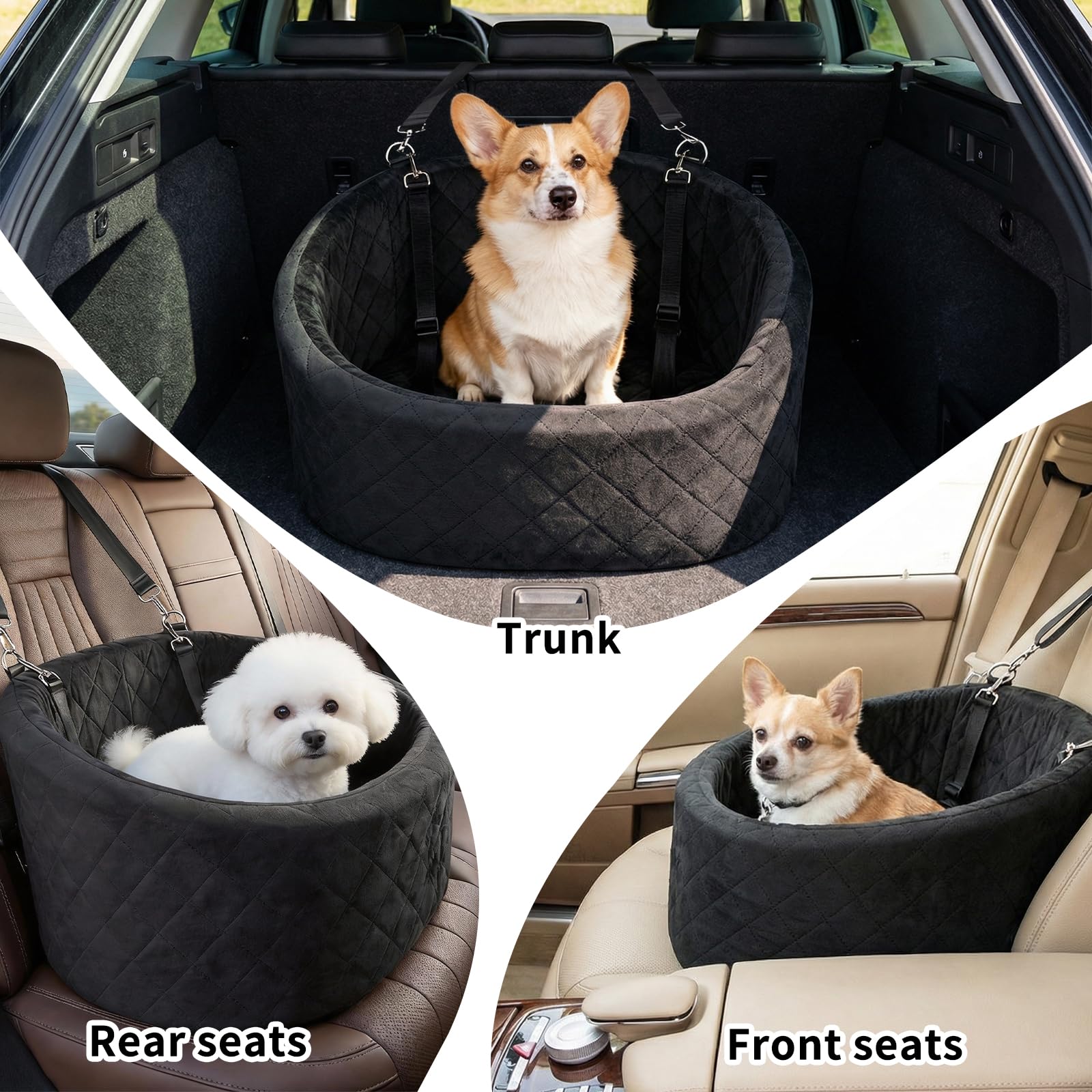 Hunde Autositz, Waschbarer für kleine bis mittlere Hunde und Katzen, rutschfestes Haustier Autobett mit 3 Clip-On Sicherheitsleinen und 3 Haustier-PIPI-Unterlagen