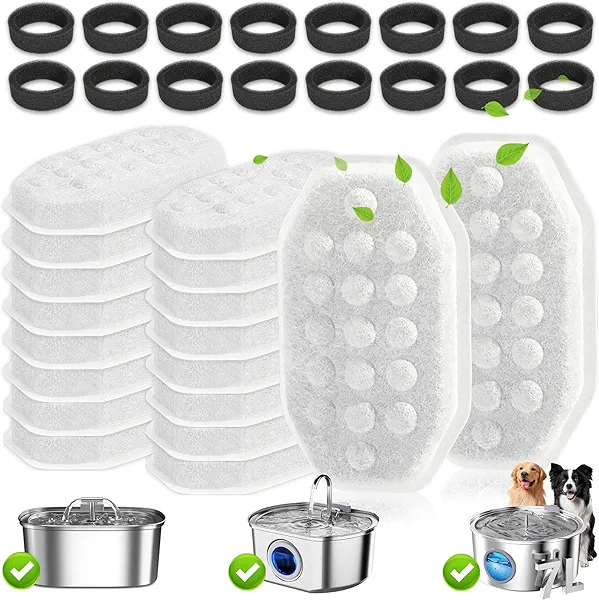 32 Pack Cat Water Fountain Filters for Rellaty and Neareal 3.2L / 108oz Automatic Stainless Steel Cat Water Fountain, 16 Activated Carbon Filter + 16 Pre-Filter Sponges