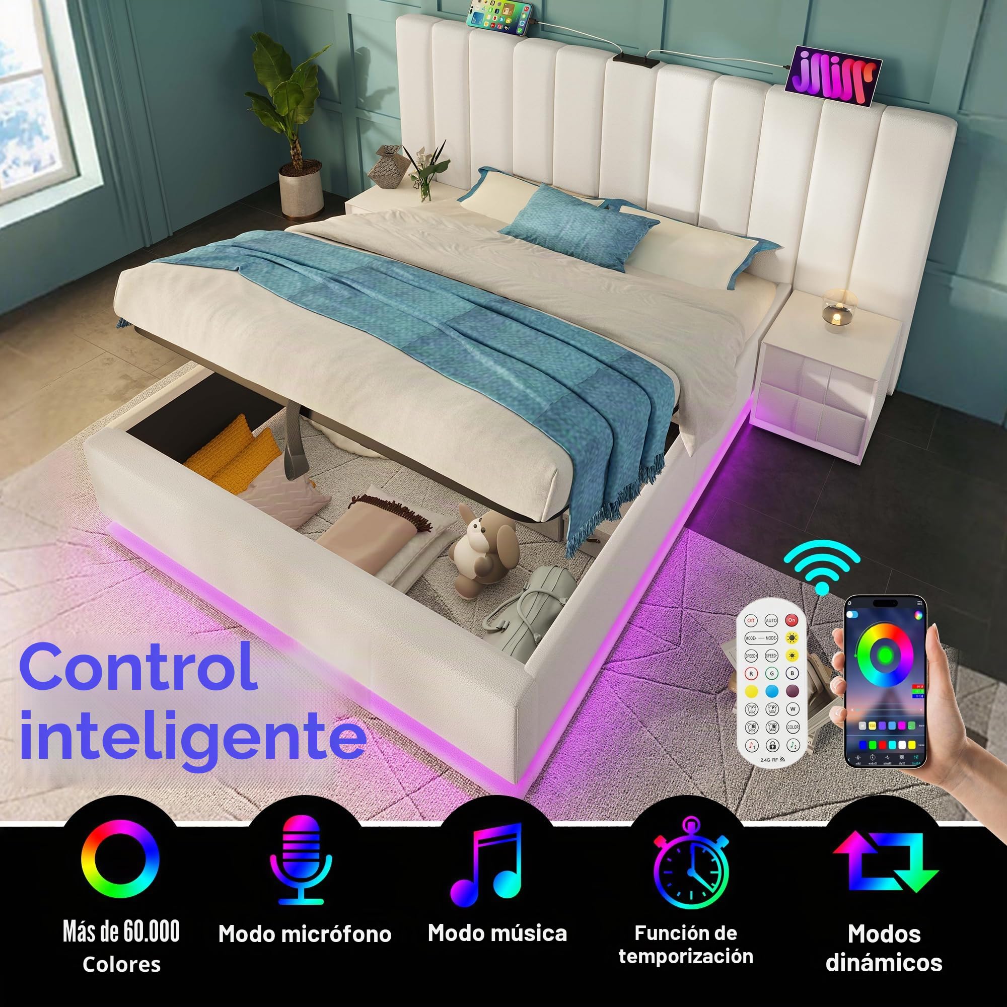 Lubvtti Cama de Matrimonio Con Control de Aplicación LED y Función de Carga USB-C, Almacenamiento de 180 x 200 cm, Estructura Con Cabecero de Gran Tamaño y Somier