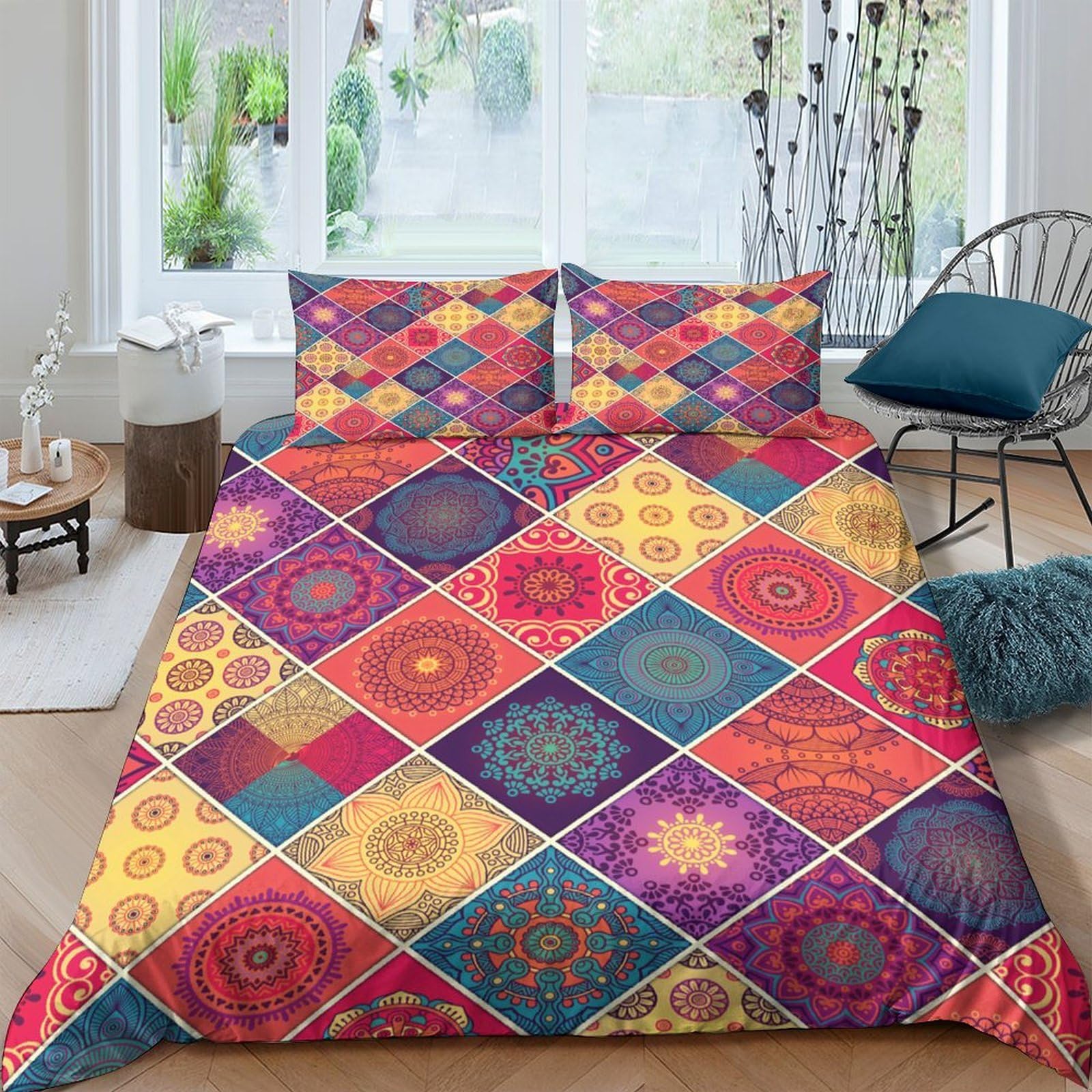 Ctjqhvkz Style-8 3D Printed Bohemian Patchwork Fitted Sheet Microfiber Soft Colorful Mandala Mattress Cover Bedroom Decor Single（135X200cm）