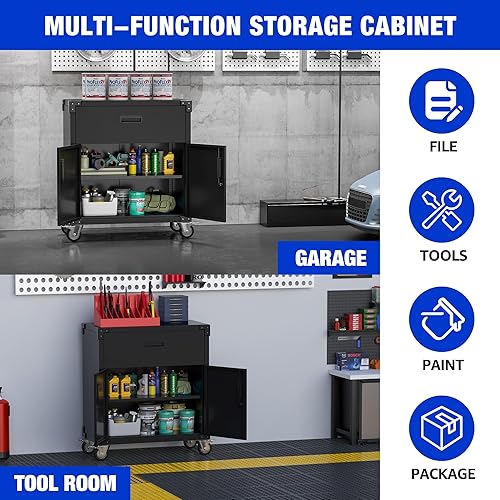 Miniatura 6 de Aobabo Gabinete de almacenamiento de metal con ruedas, gabinete de garaje de metal móvil negro con 1 cajón y 2 puertas de bloqueo, pequeño gabinete
