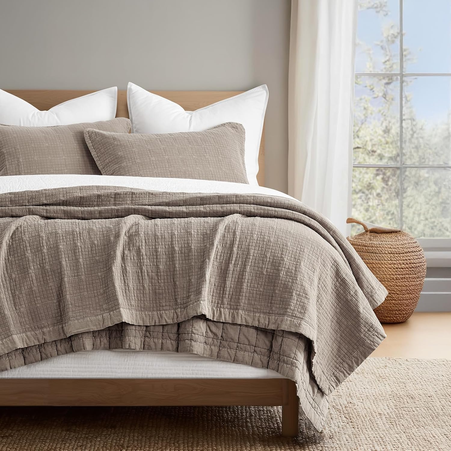 EVERGRACEHOME Stonewashed Cotton Quilt Set King Size, Ultra Soft Oversized Bedspread Coverlet Set, Lightweight Crinkle Box Stitch Bedding Sets for All Season, with 2 Shams, Truffle Taupe Brown