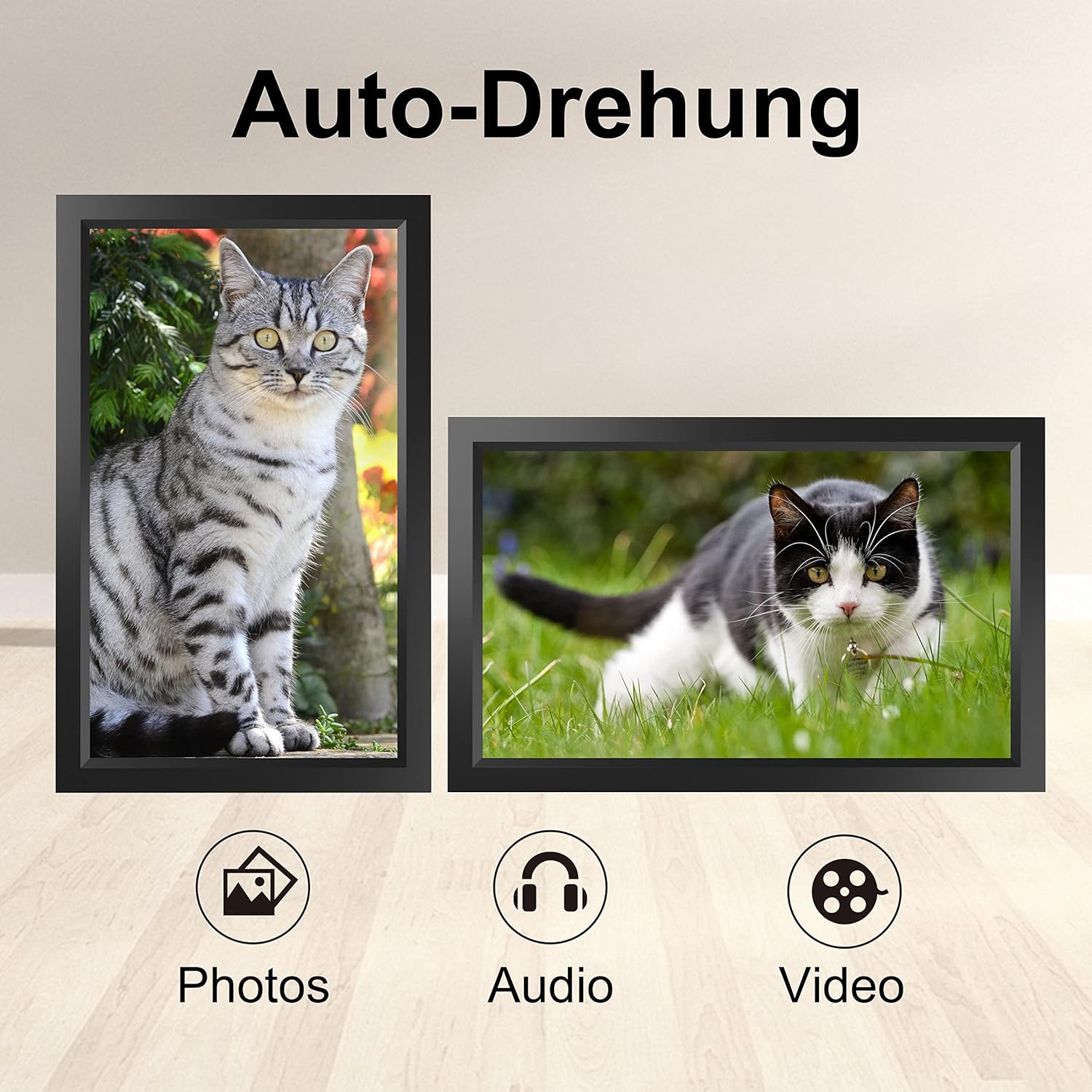 Two digital photo frames, one in portrait orientation displaying a cat, and another in landscape orientation displaying a different cat, illustrating the auto-rotation feature.