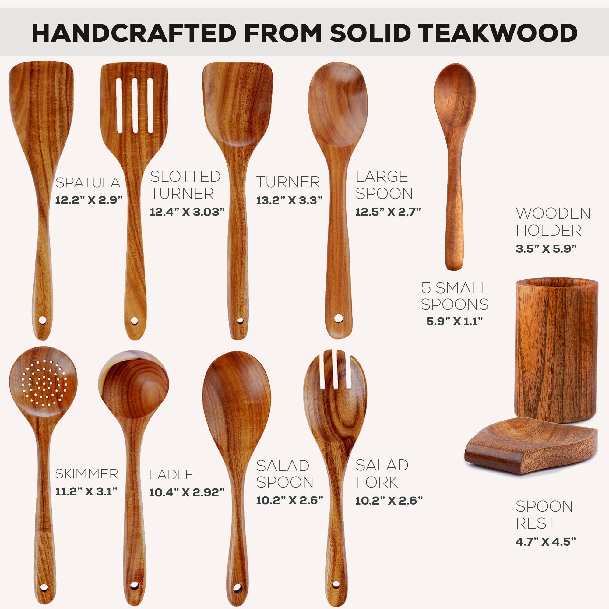 Zulay Kitchen Lot de 15 ustensiles en bois de teck pour la cuisine – Ensemble d'ustensiles en teck naturel avec coffret cadeau de qualité supérieure – Cuillères en bois antiadhérentes pour la cuisine