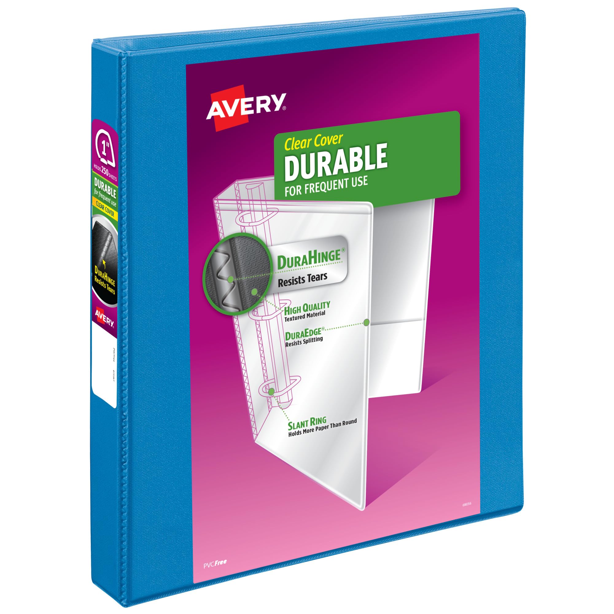 Avery Durable View 3 Ring Binder, 1 Inch Slant Rings, 250-Sheet Capacity, DuraHinge, 1.4 Inch Wide Spine, Customizable Clear Covers and Spine, 1 Pool Blue Binder (17831)