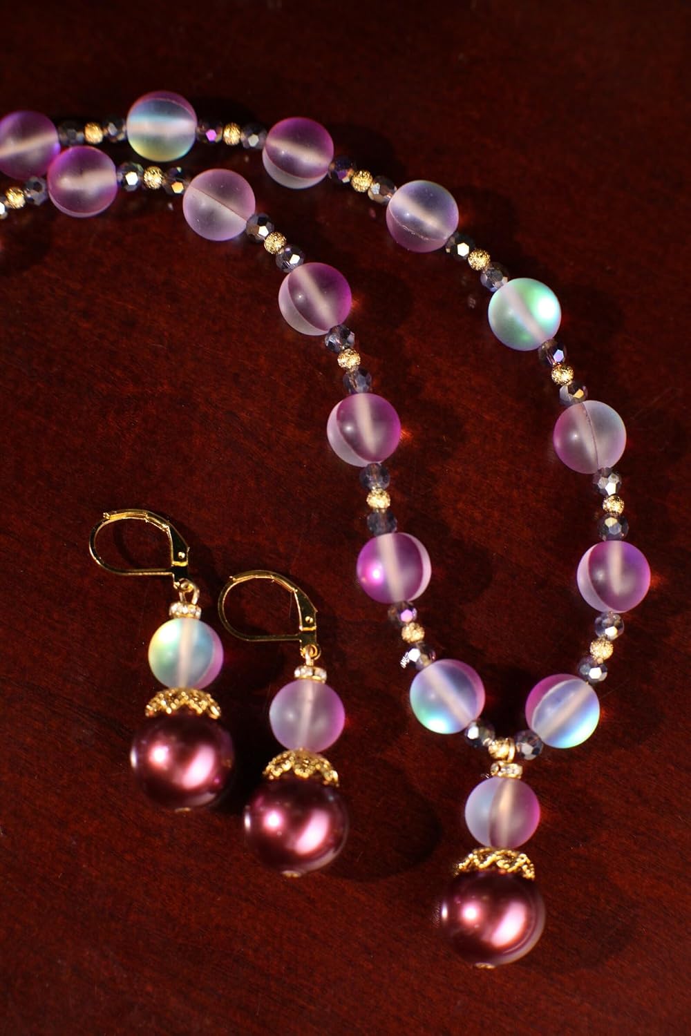 Matte Purple Sea Glass 10mm, South Sea Seashell Pearl, Matching Earrings Jewelry Set. 14mm Pearl Centerpiece. Picture shown 18" Necklace plus 2" Extension Chain