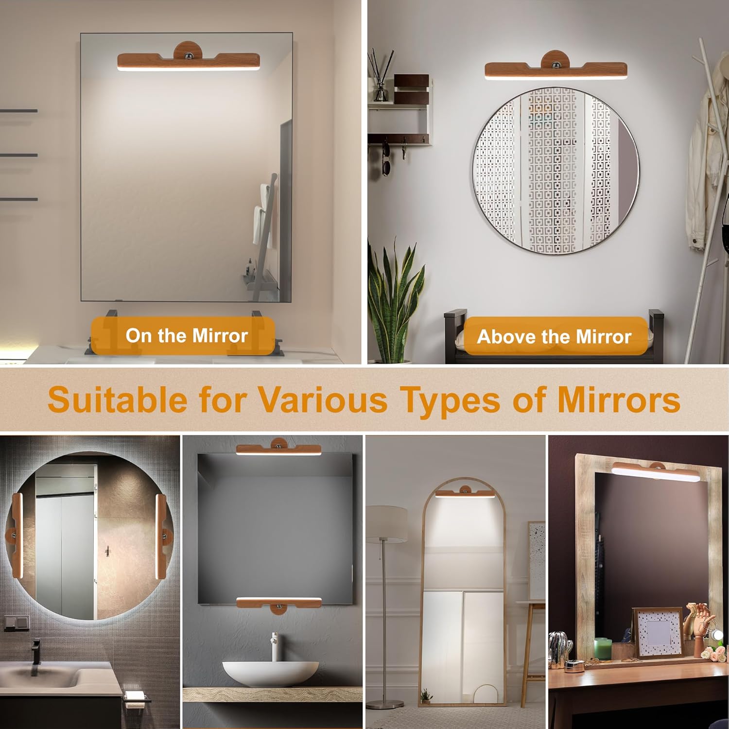 Benreom 2 Pack Vanity Lights for Mirror with 4000mAh Rechargeable Battery, Touch Control Dimmable Makeup Light with 3 Color Modes, Magnetic 360° Adjustable LED Bathroom Mirror Light, Light Wood