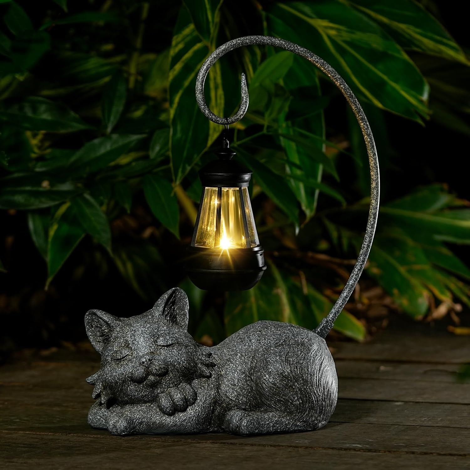 Outdoor Cat Figurine Garden Statue with Solar-Powered LED Light 13.77 Inches Tall Gift Garden Statue Decor for Cat Lovers Marbled - Image 6