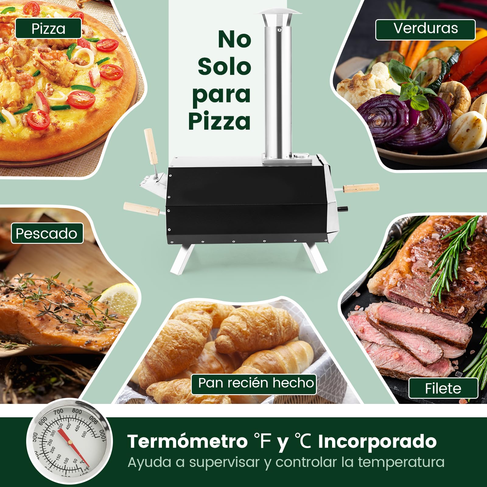 COSTWAY Horno Pizza Exterior 12", Pizza Oven Portátil de Acero Inoxidable, Horno de Leña con Piedra para Pizza, Patas Plegables, Termómetro y Pala de Pizza para Cocinar al Aire Libre