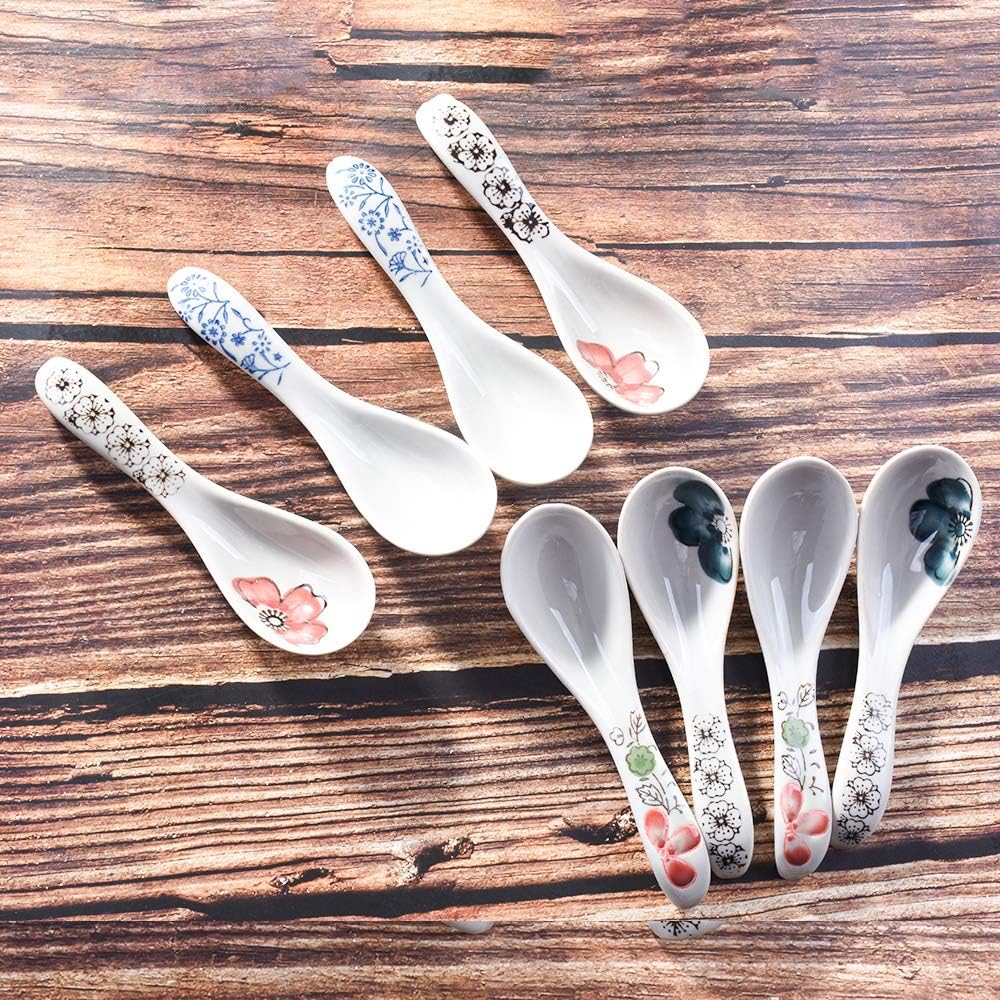 Ceramic Asian Soup Spoon Set of 8, 5.7 Inch Assorted Floral Eating Spoons