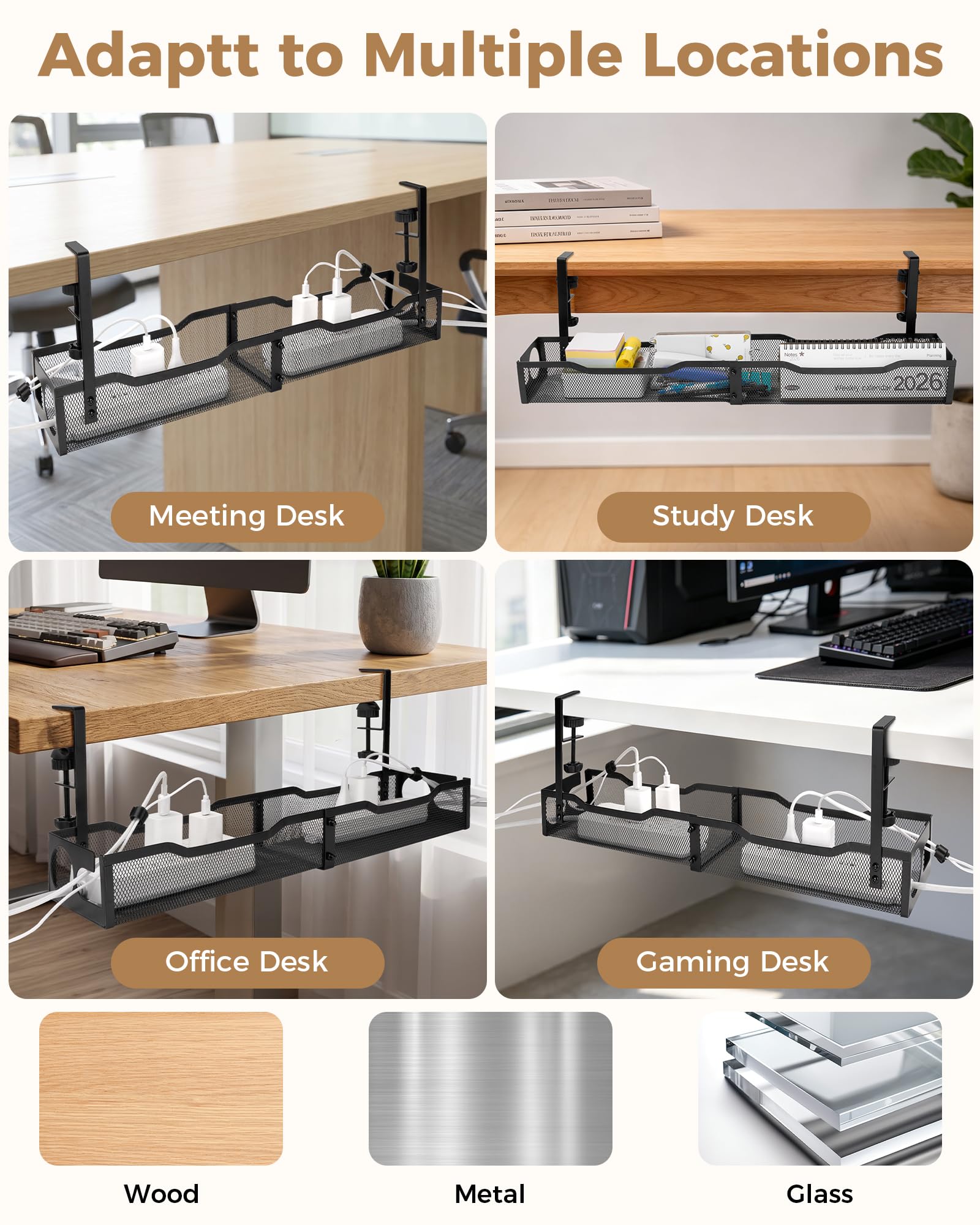 Gestion des câbles sous le bureau, 63,5 cm, organiseur de cordon en métal, noir
