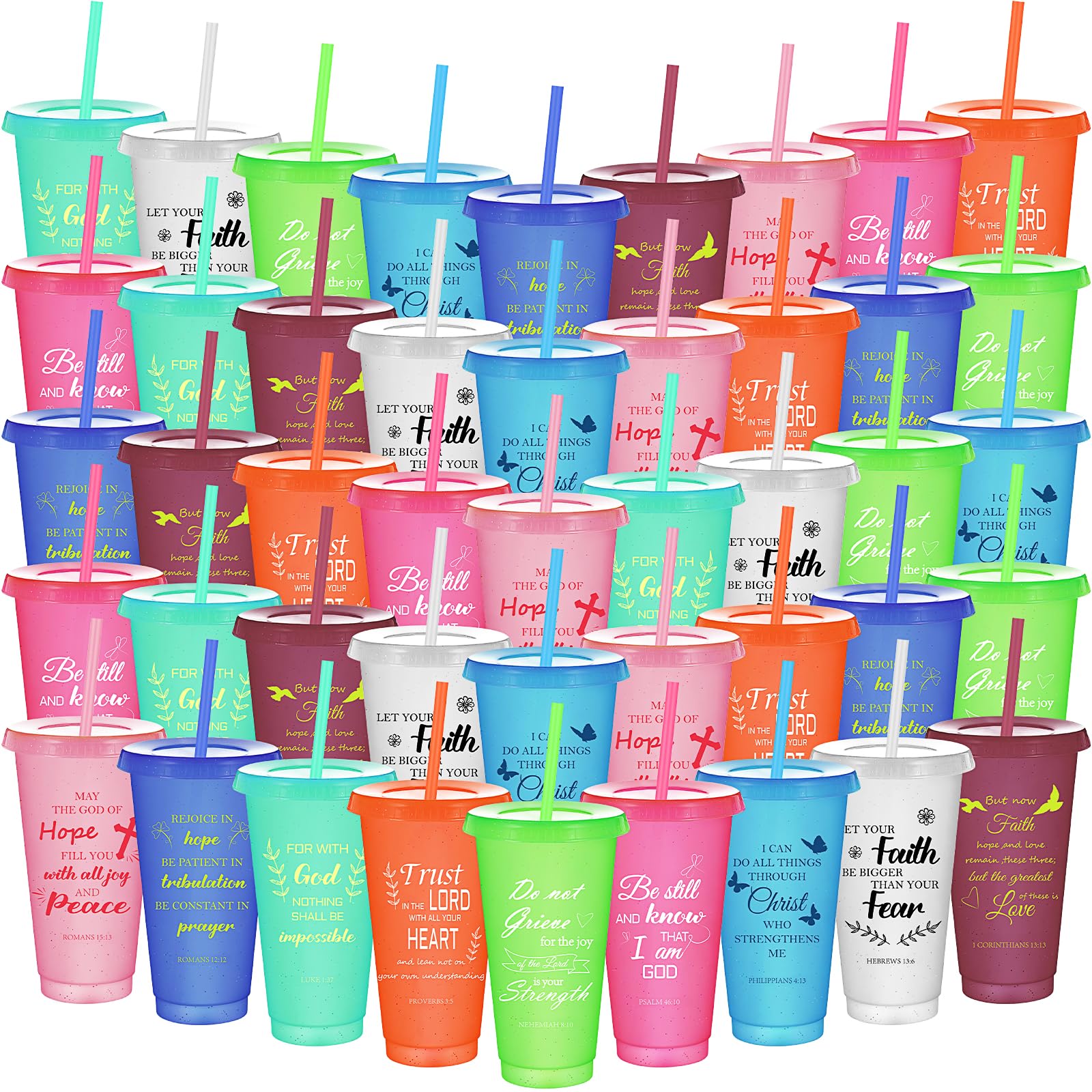 45 Pack Bible Verse Cups, 24oz Christian Tumbler Bulk Inspirational Plastic Glitter Cups with Lids and Straw Religious Appreciation Tumbler for Christian Gift Thanksgiving Easter