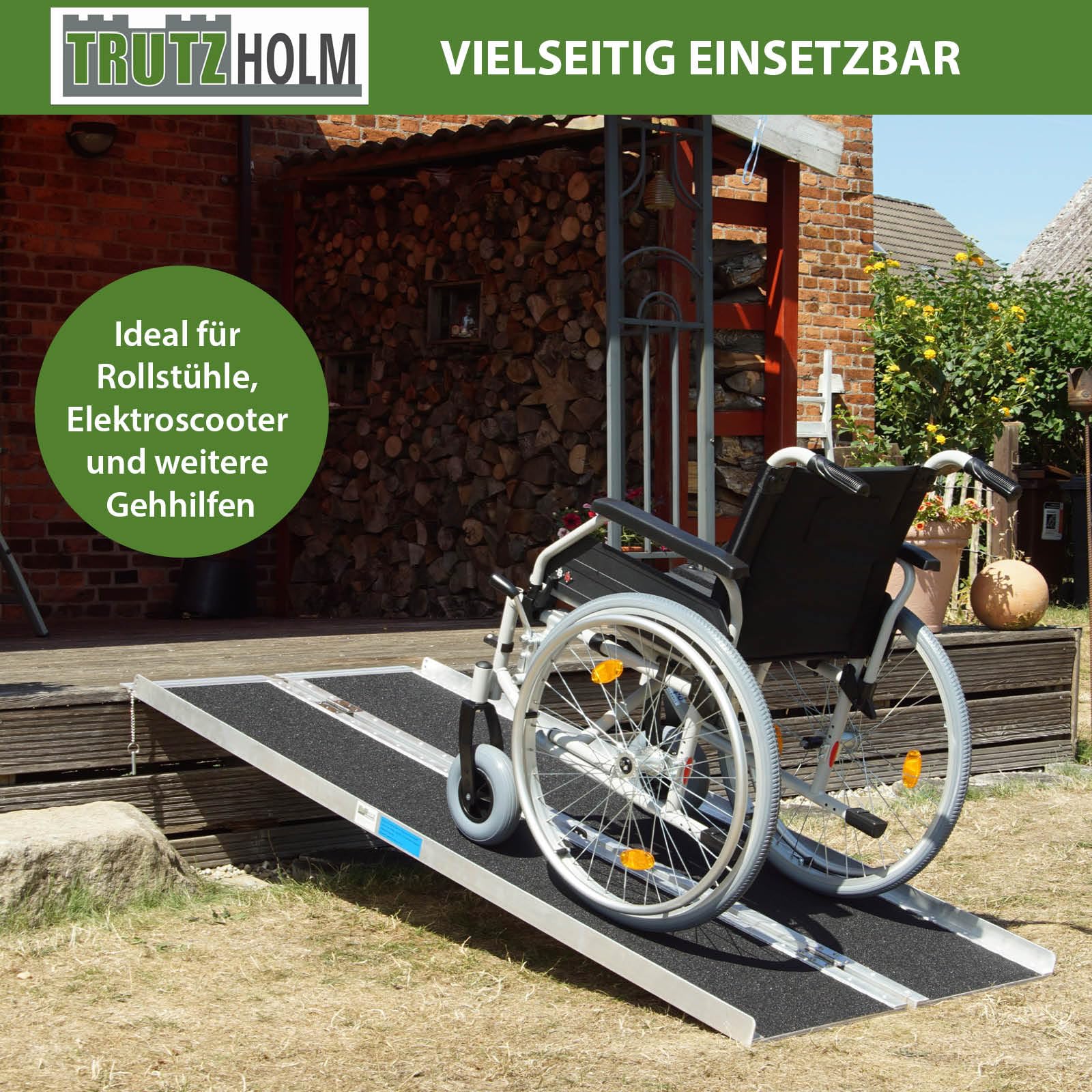 TRUTZHOLM Rollstuhlrampe 1-Fach klappbar 213 cm Traglast 272 kg Alu grau schwarz beschichtet Auffahrrampe