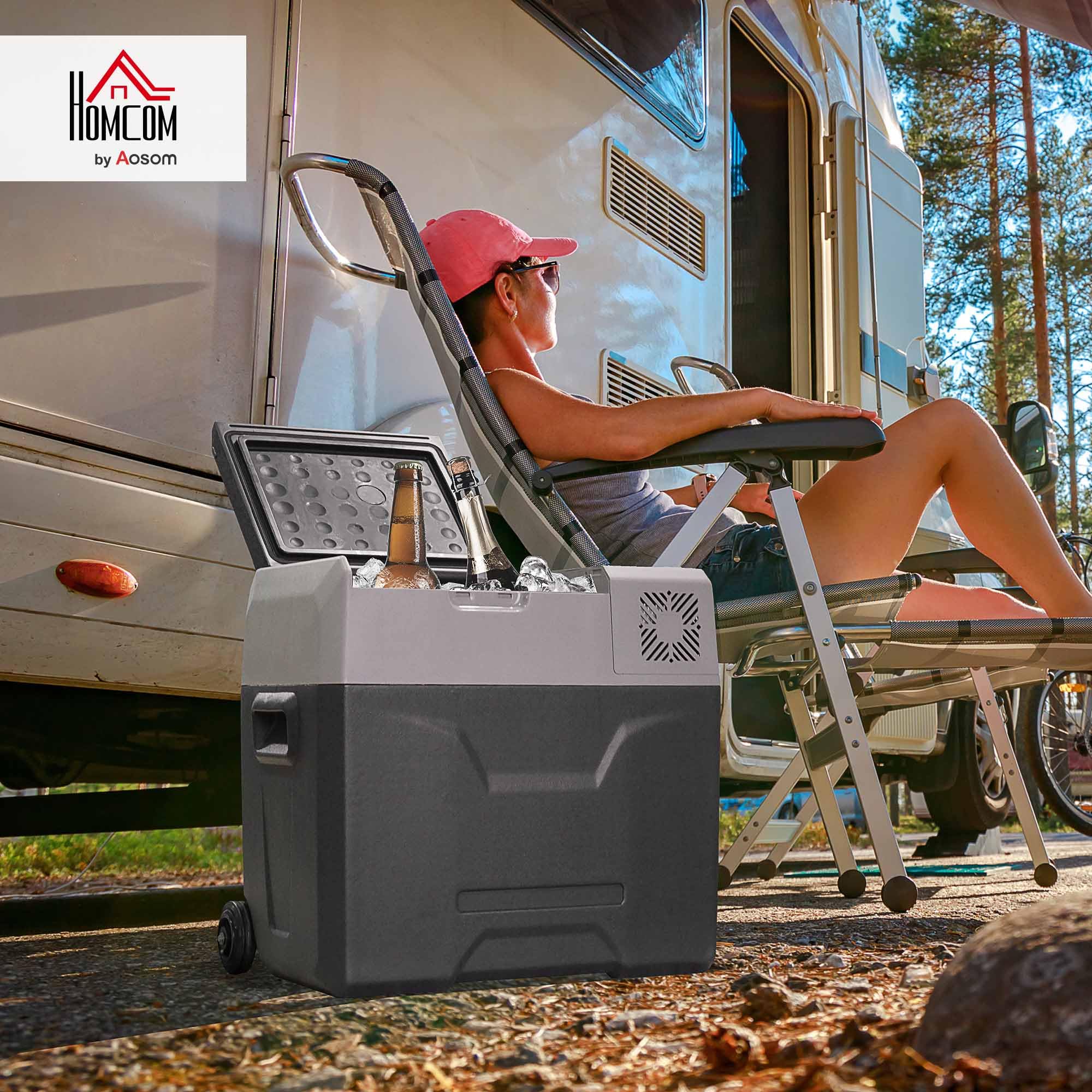HOMCOM Frigorifero Portatile per Auto 50L 12/24V DC 110-240V AC, Frigo Portatile con Pannello Touch, Maniglia e 2 Rotelle, in Alluminio e Plastica, per Barca, Camper, 58.6x37.8x54.5 cm, Grigio
