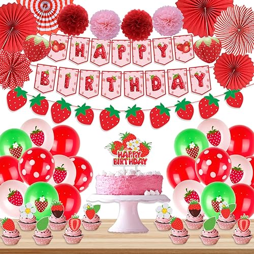 Decoraciones de cumpleaños de tartas de fresa pancarta, adornos para pasteles, globos, pompones de papel y abanicos para fiesta temática de fresas