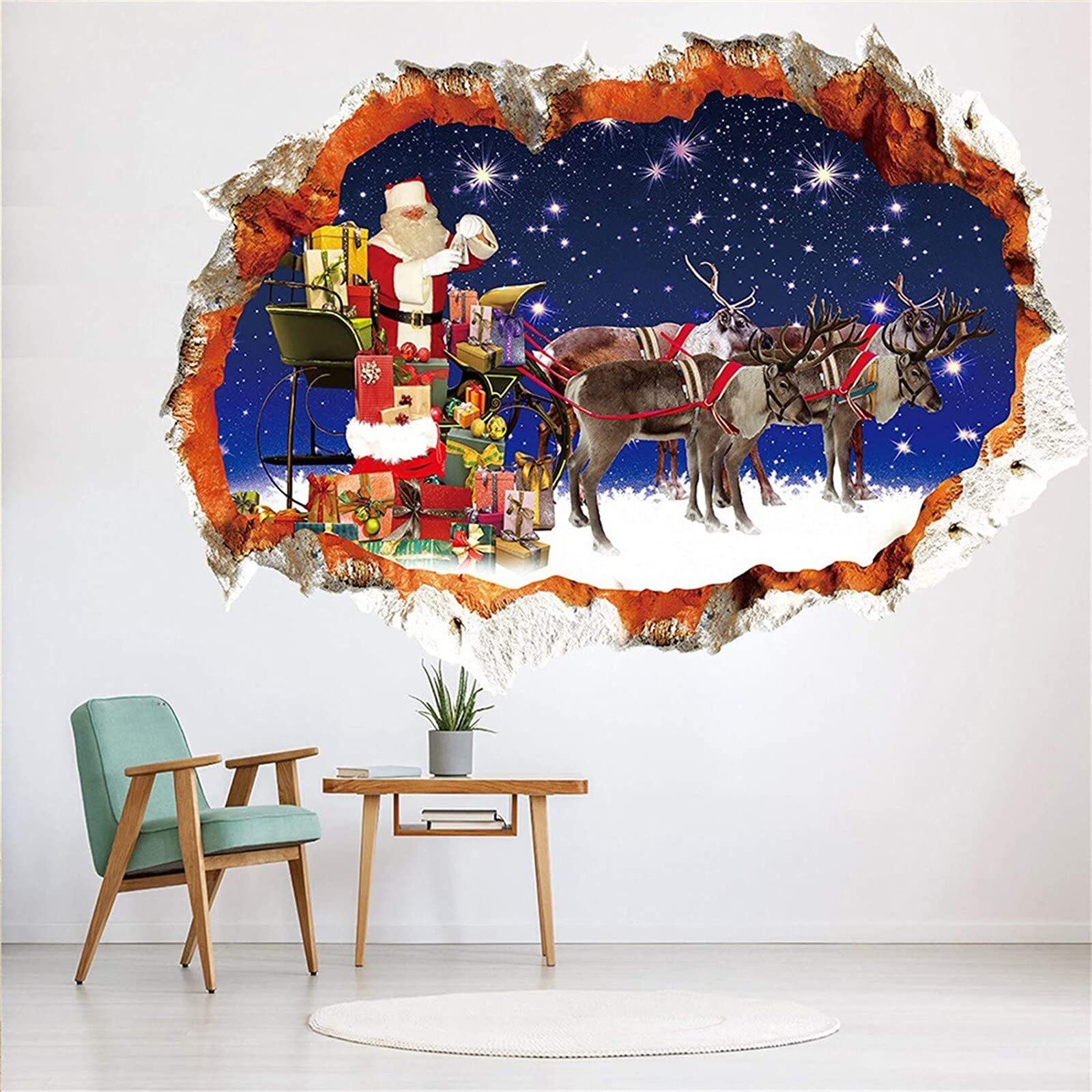 Luxylei 3d Christmas Wall Decals Santa Claus Reindeer Break Through the Wall Stickers for Xmas Party Merry Christmas Posters Supplies