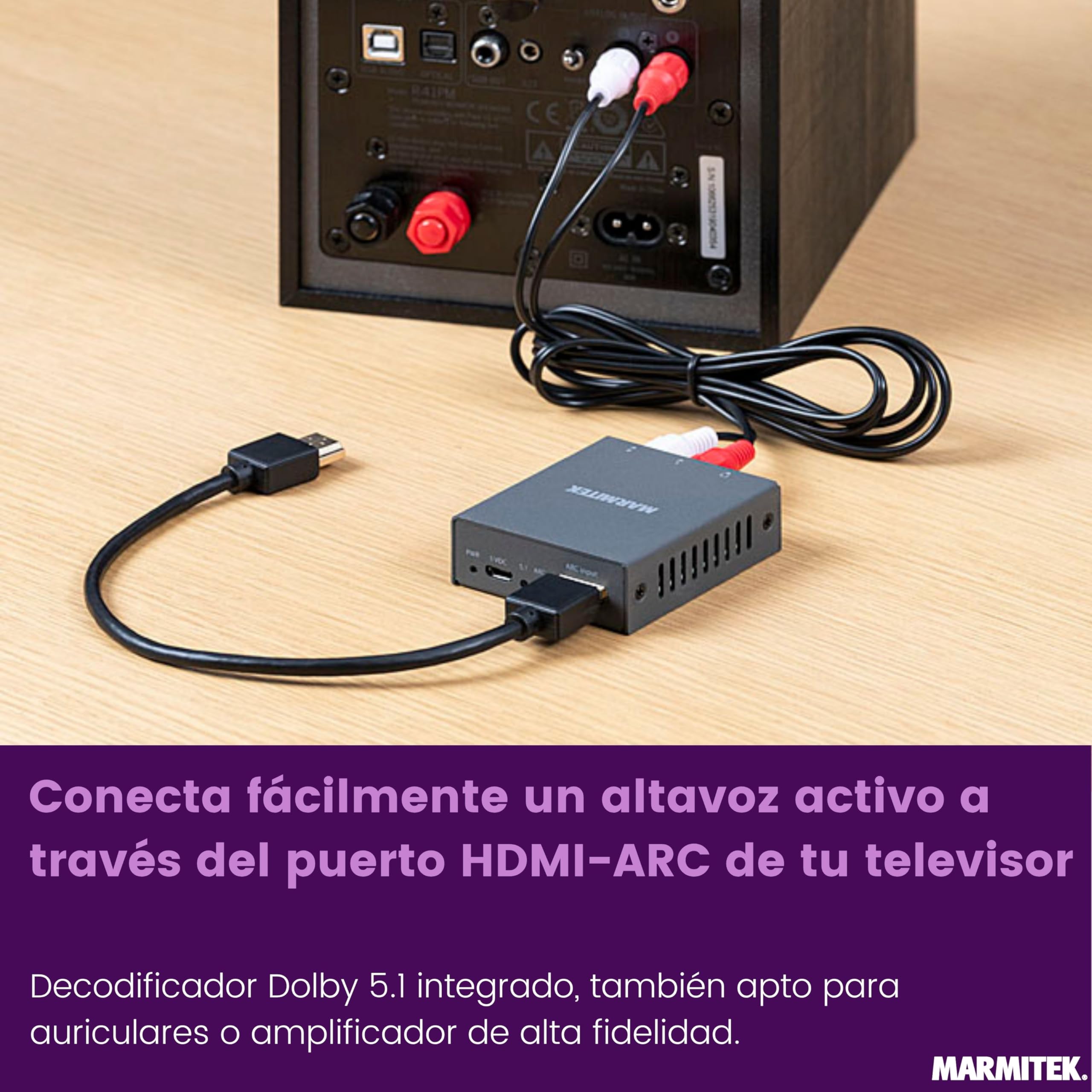 Marmitek Connect ARC13 - Extractor de audio HDMI ARC CEC para TV a RCA | Adaptador para amplificador, altavoces activos o auriculares, salida estéreo L/R, RCA, jack 3,5 mm y control de volumen CEC